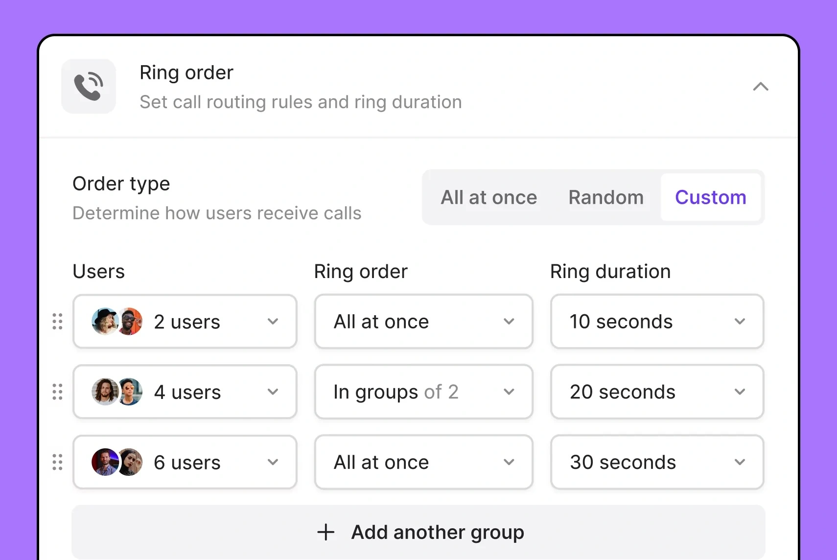 A screen with a ring order and ring duration.