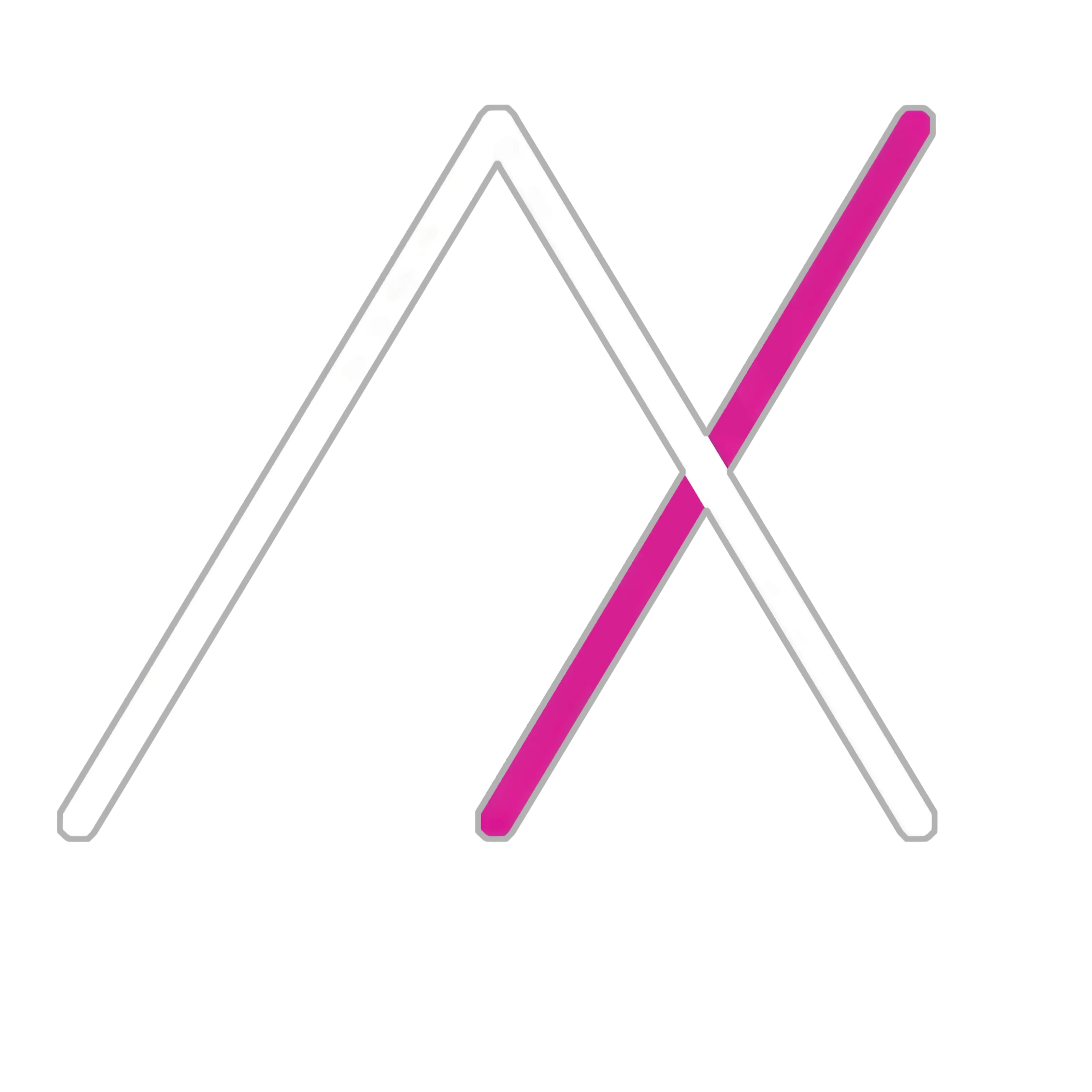 A pink and white logo with the letter X.