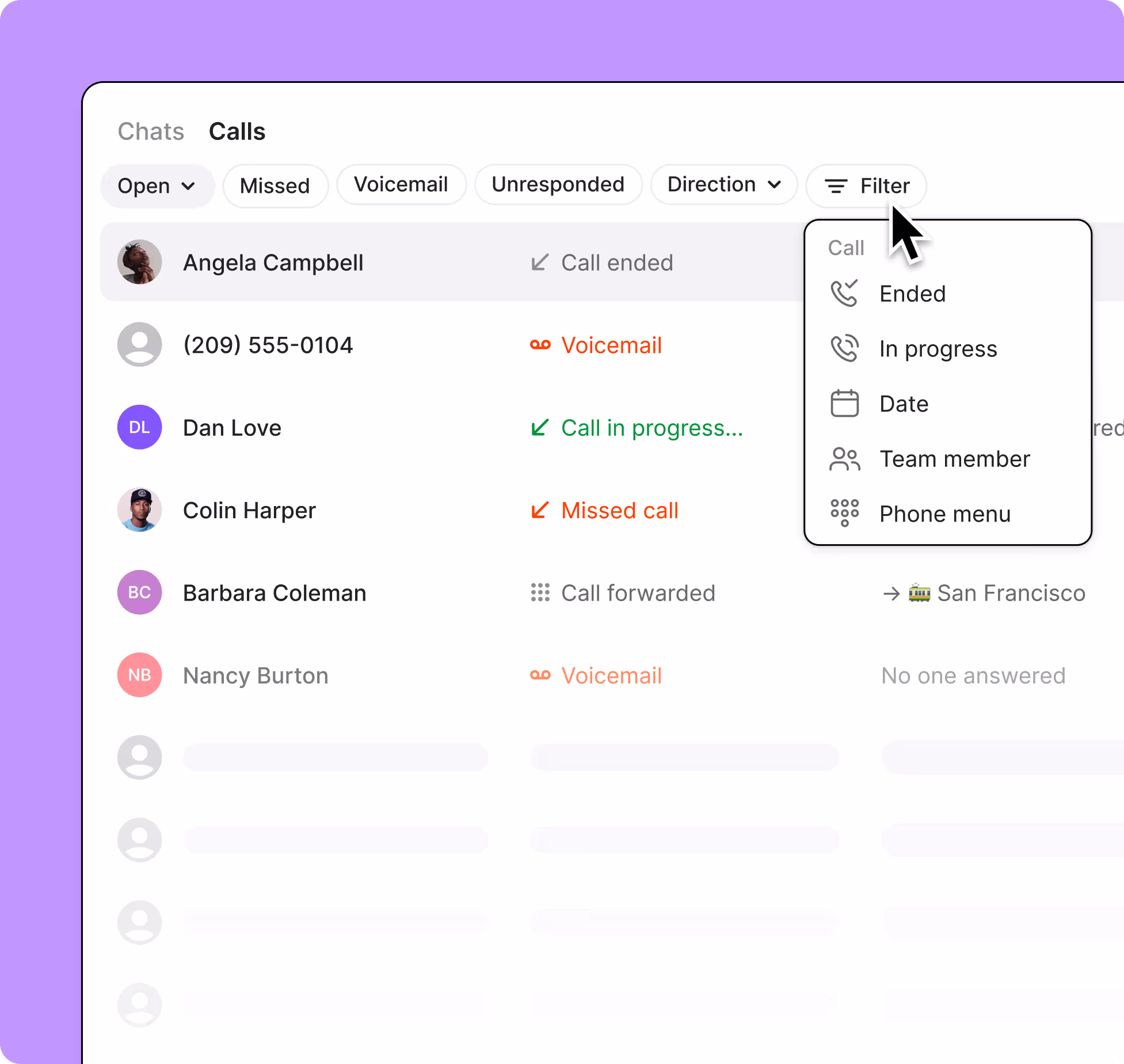A purple screen with a phone menu on it.