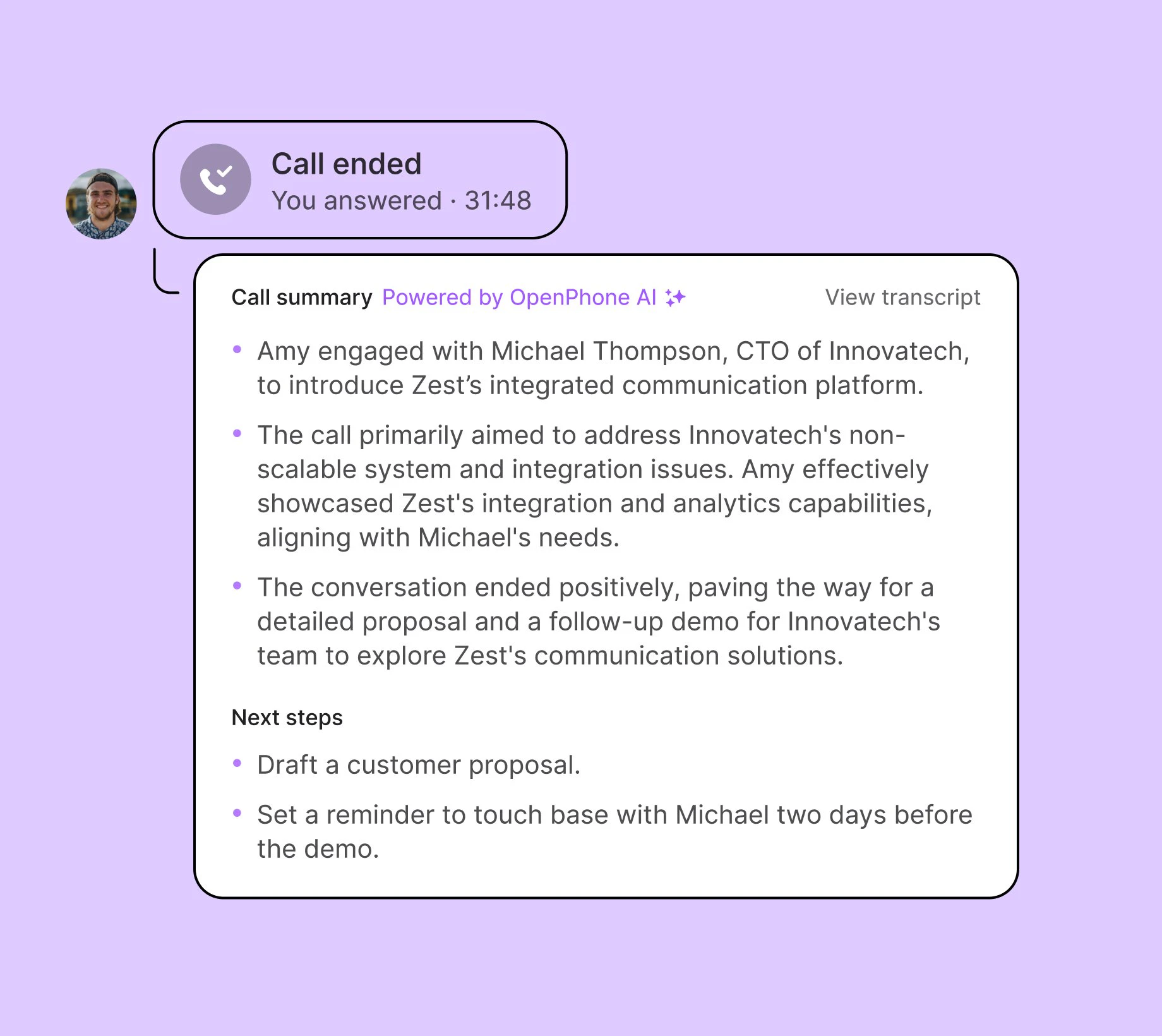 A purple background with a white text that says "Call Ended".
