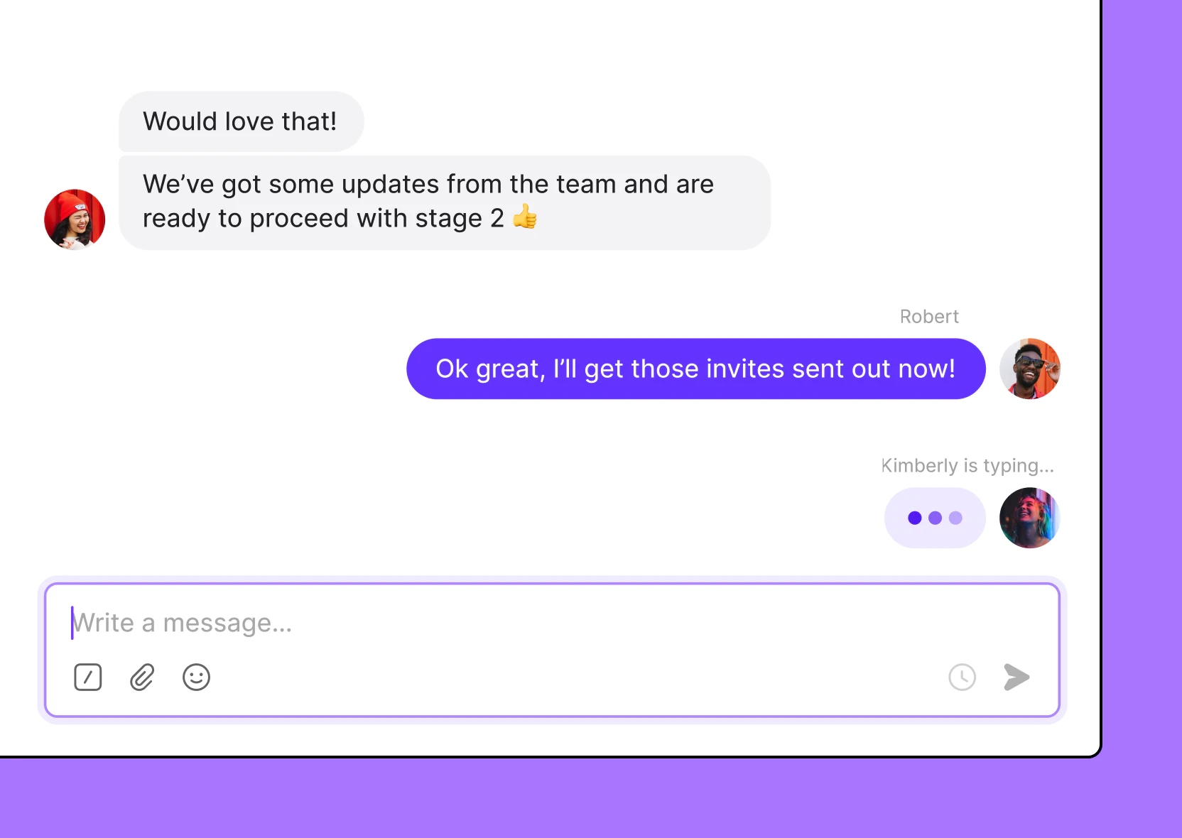 A purple chat box with a message that says "ok great".