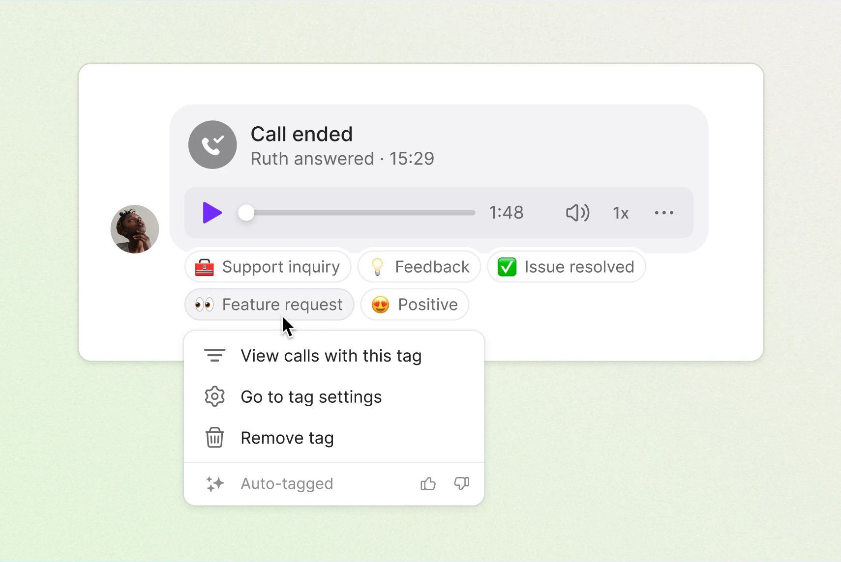 AI call tagging: OpenPhone tag below a call recording