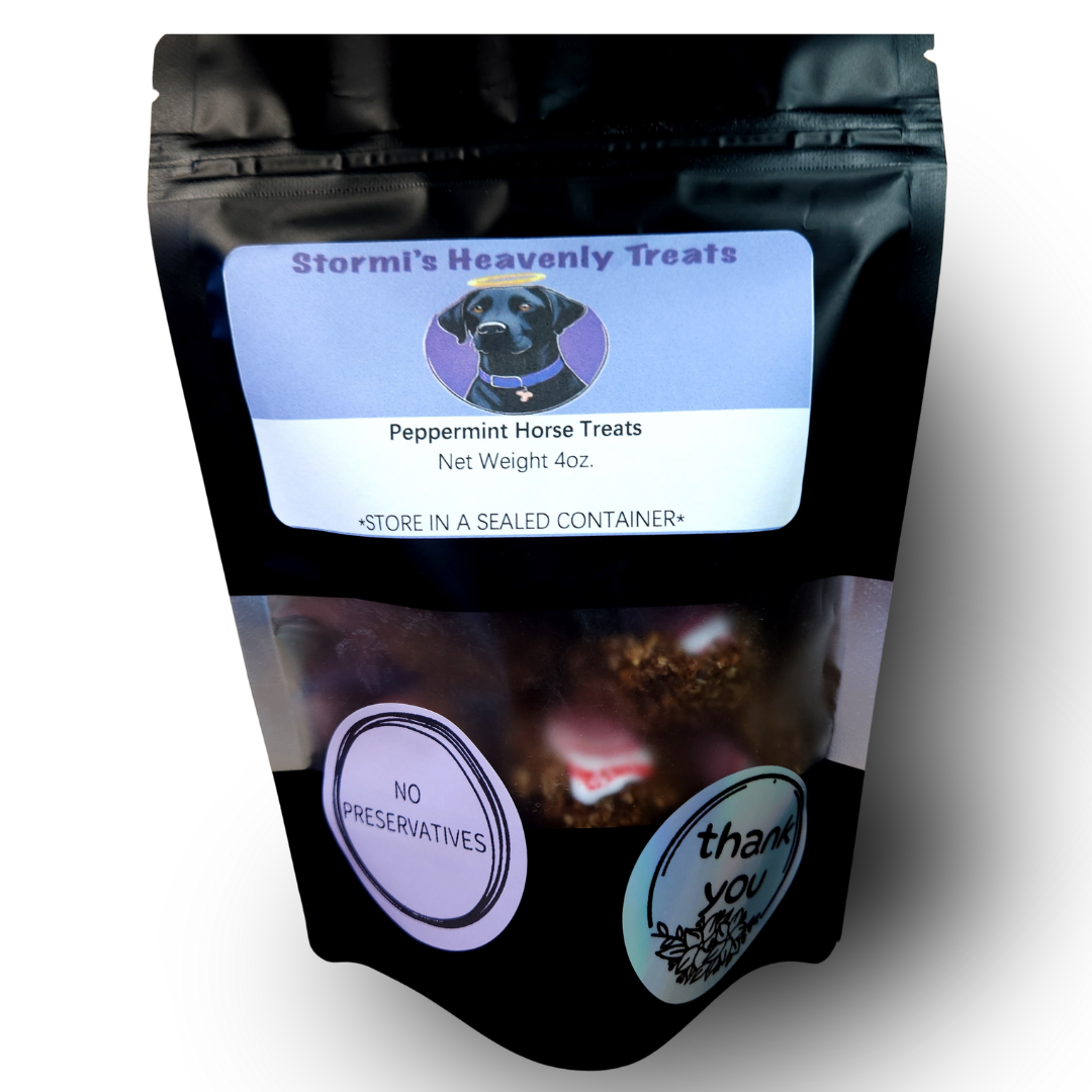 Black resealable bag of Stormi's Heavenly Treats Peppermint Horse Treats, net weight 4 oz, with labels stating no preservatives and thank you.