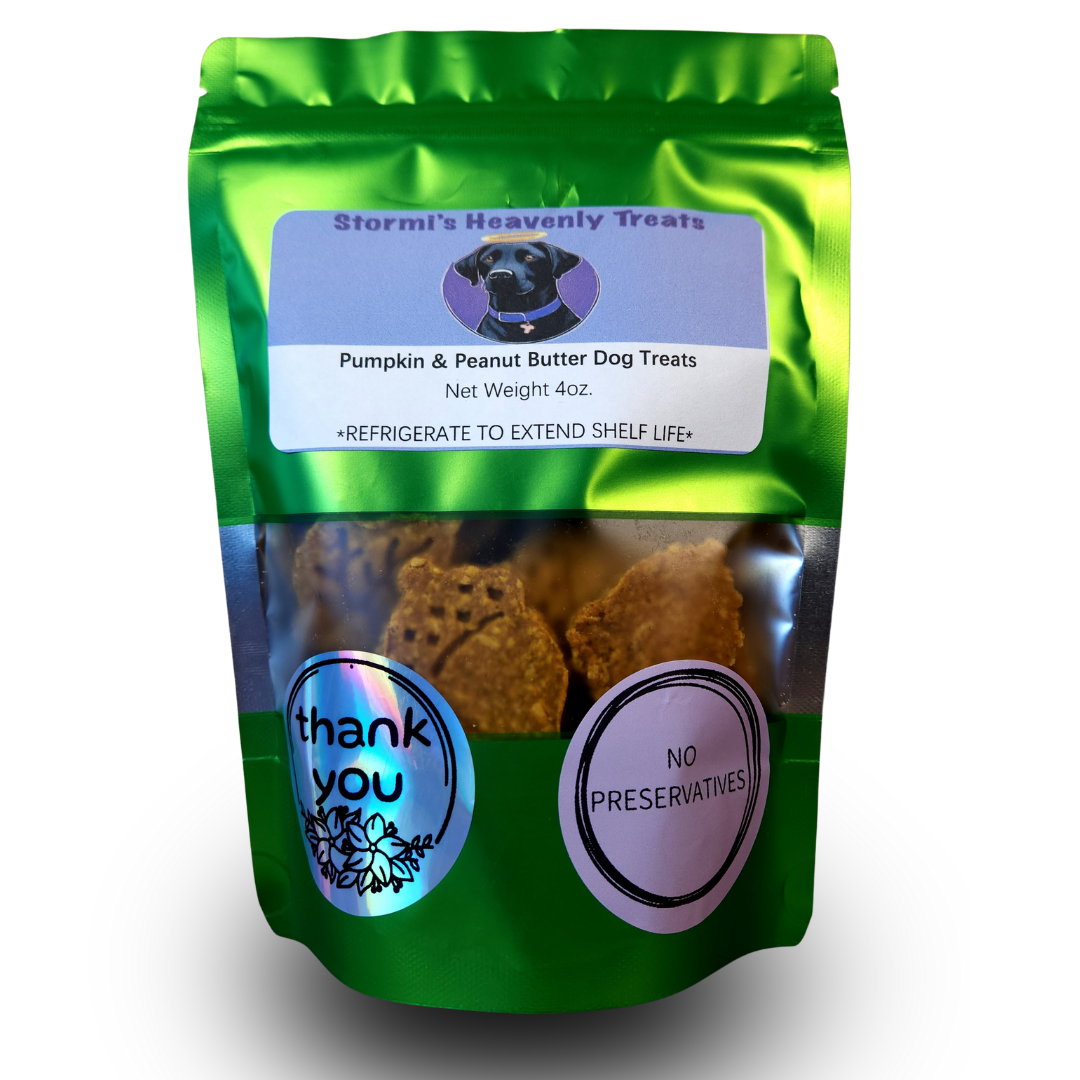 Green resealable bag of Stormi's Heavenly Treats pumpkin and peanut butter dog treats with net weight 4 oz and labels saying thank you and no preservatives.