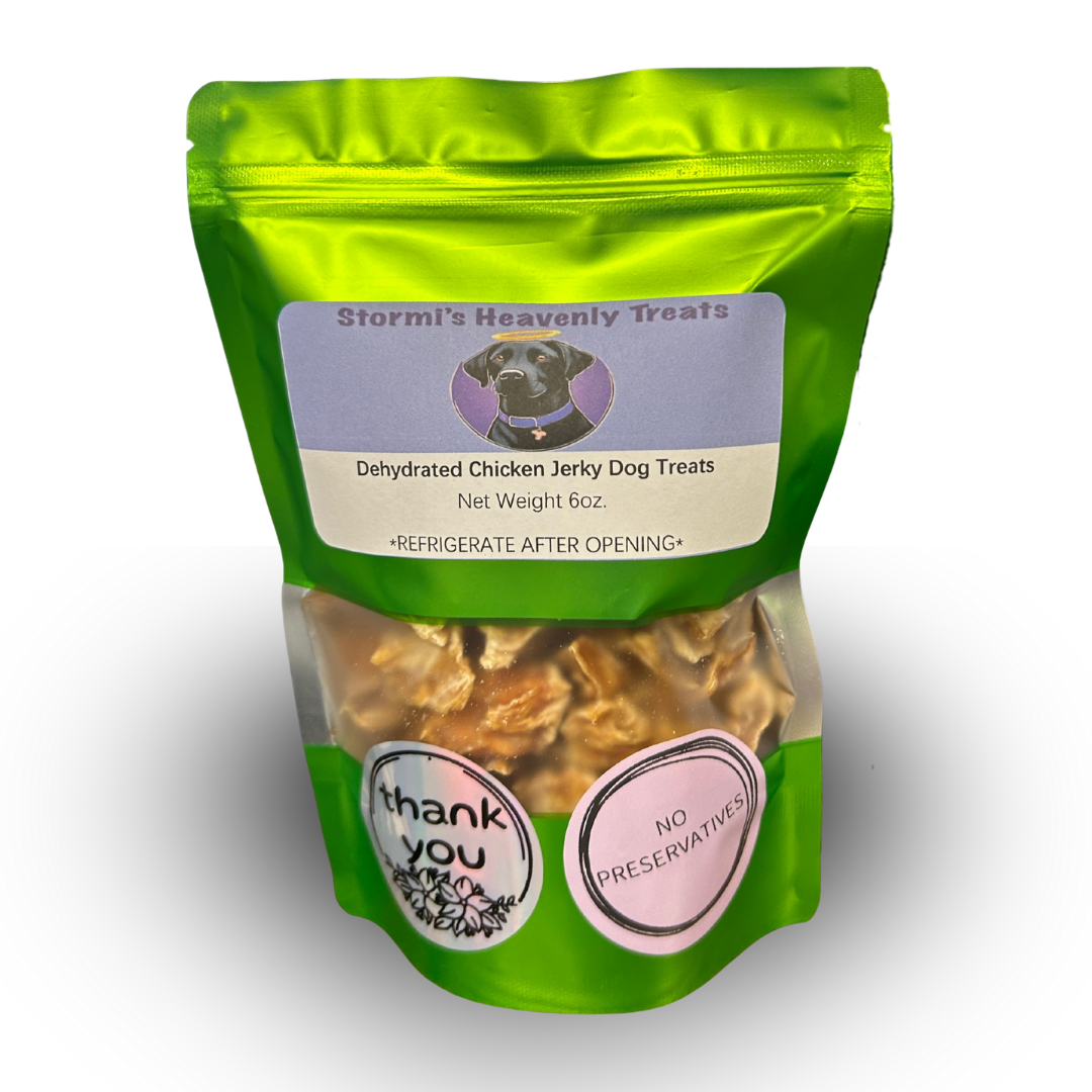 Green resealable bag of Stormi’s Heavenly Treats dehydrated chicken jerky dog treats with no preservatives and thank you stickers.