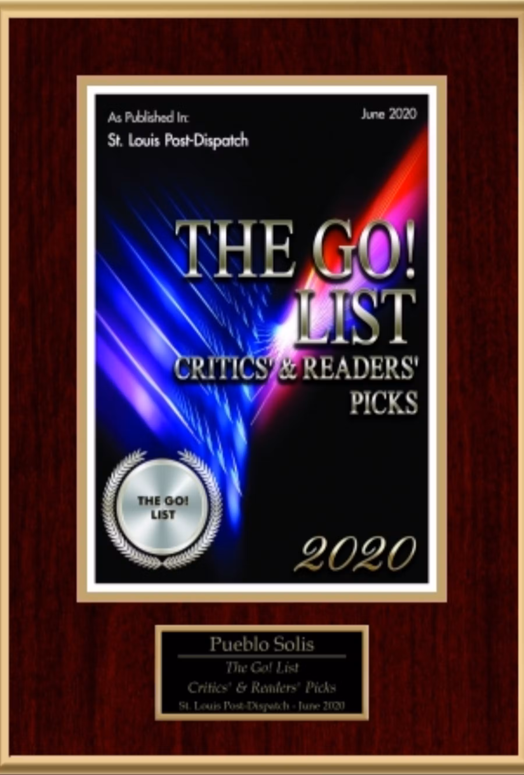 The Go List 2020 Pueblo Solis plaque.