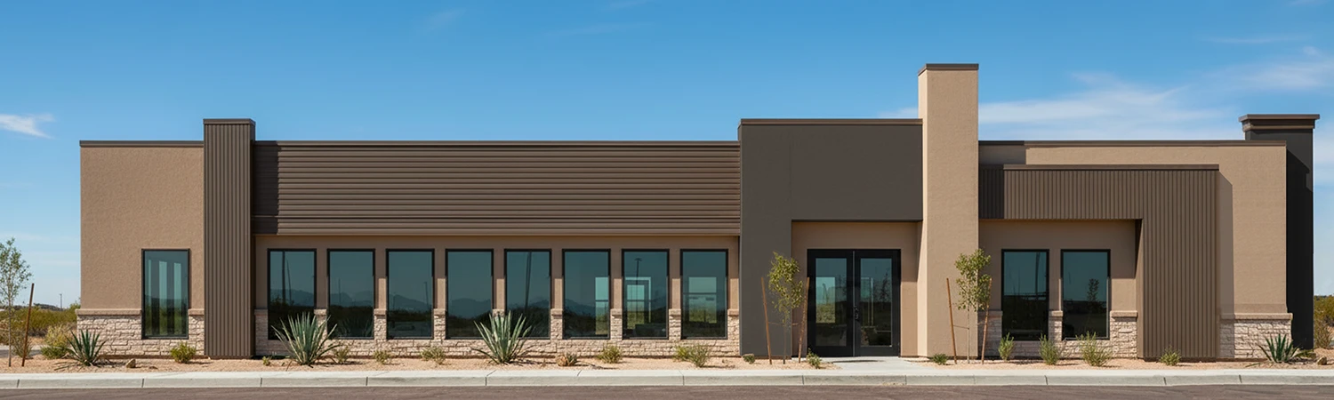 Modern architectural rendering of the future Ascesa Court clubhouse featuring large windows and desert landscaping.