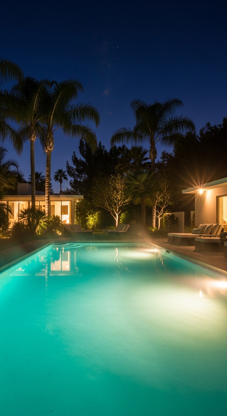 a residential swimming pool in california at night time