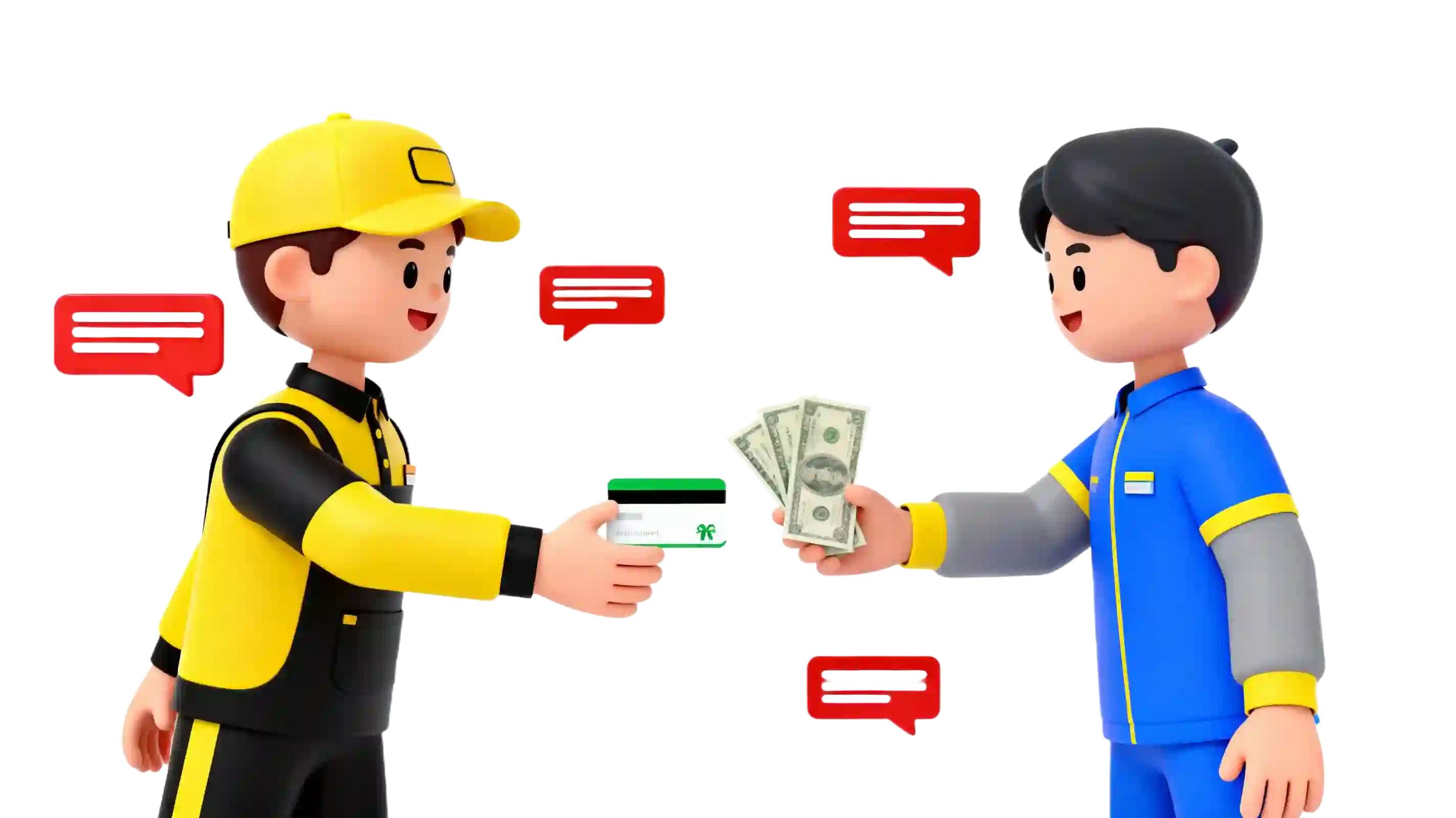 Two cartoon characters exchanging a credit card and cash, surrounded by red speech bubbles.