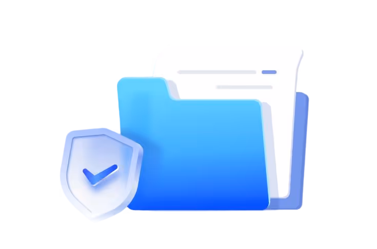 Blue file folder with a document inside and a shield icon featuring a checkmark, symbolizing document security.