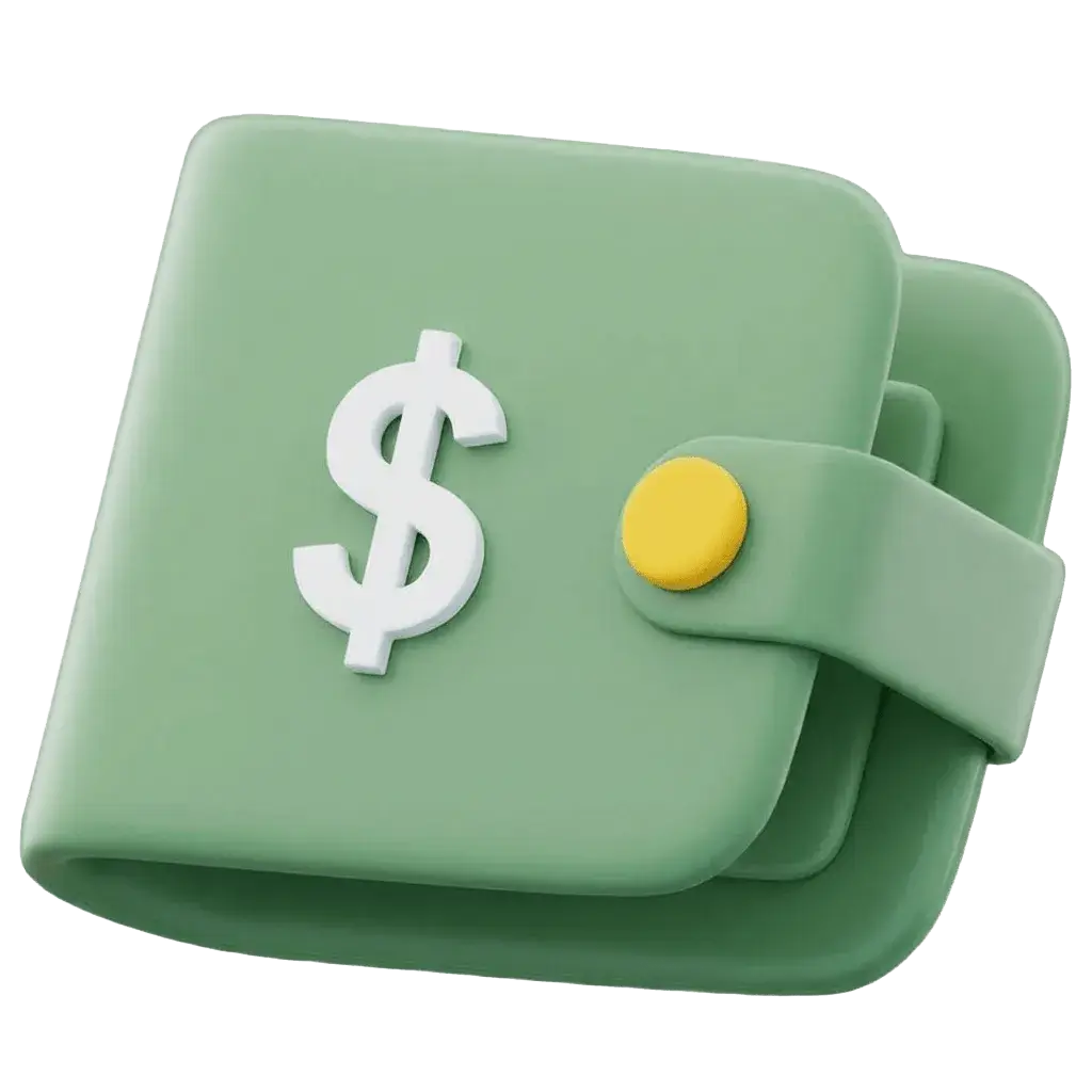 Green wallet with a white dollar sign and a yellow button clasp.