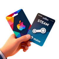 Hand holding two gift cards: one with a colorful Apple logo and one blue Steam card with the Steam logo.