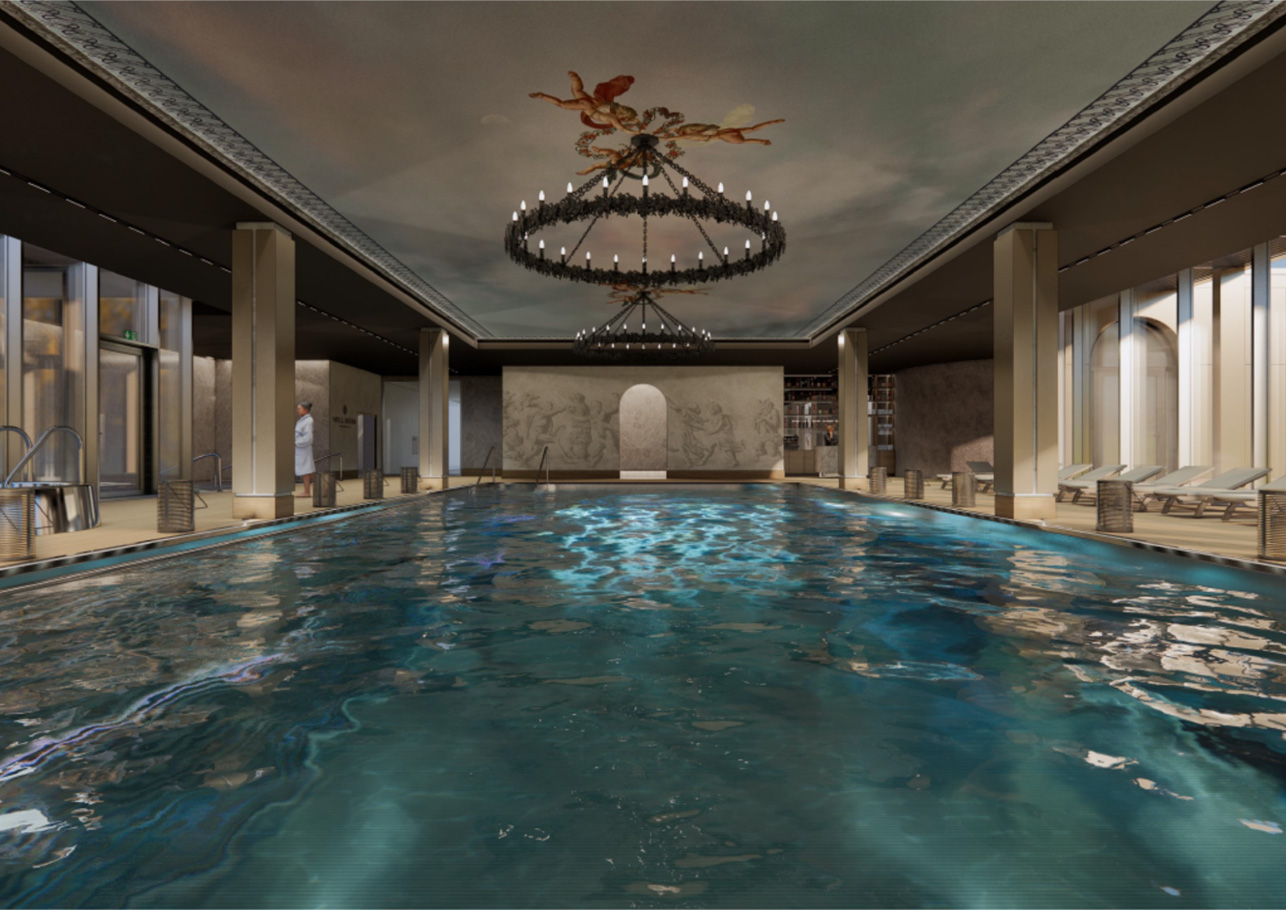 A pyramid stack of empty crystal champagne coupe glasses on a glass table with a dark background and soft lighting.