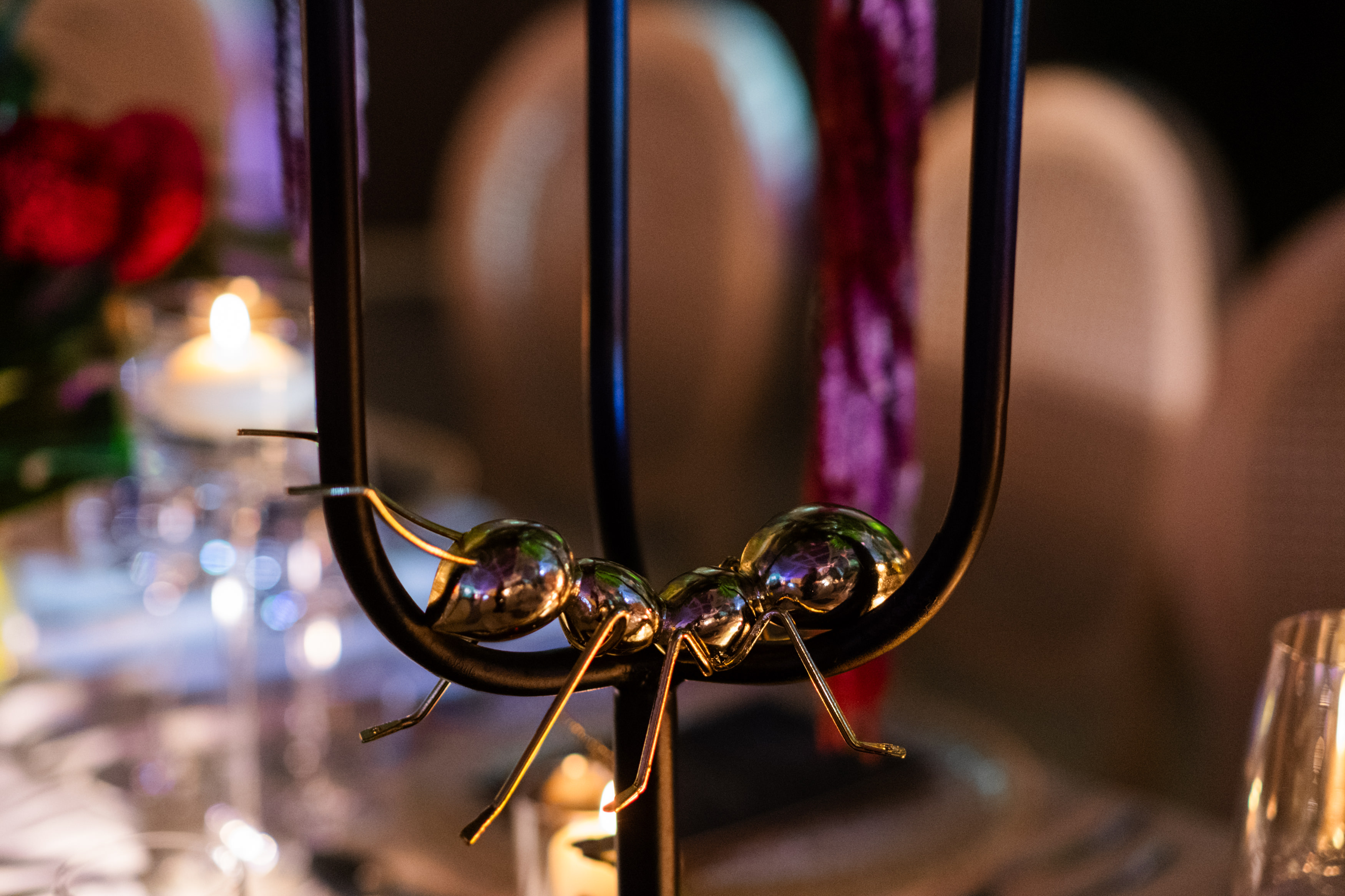 Bride and groom standing at the altar in a church with uniformed guards holding swords forming an arch along the aisle.