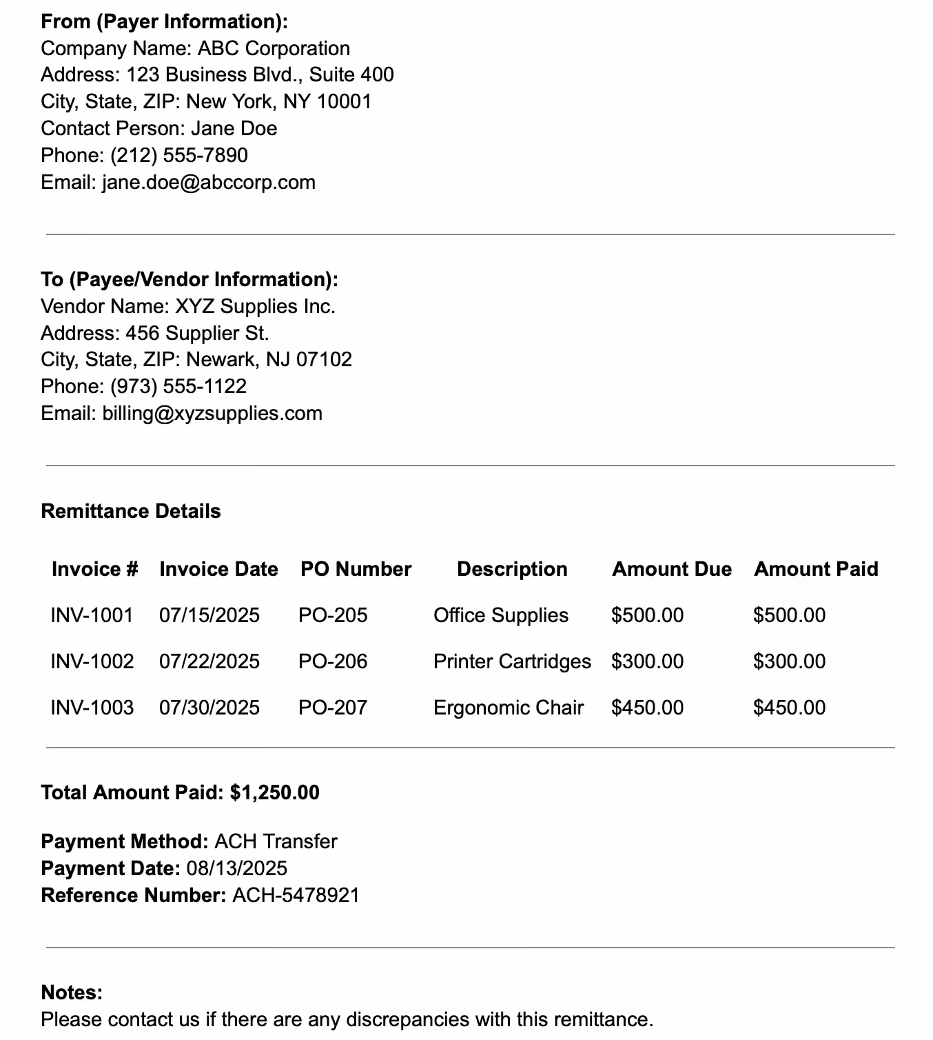This is an example of what remittance advice would look like from a customer.