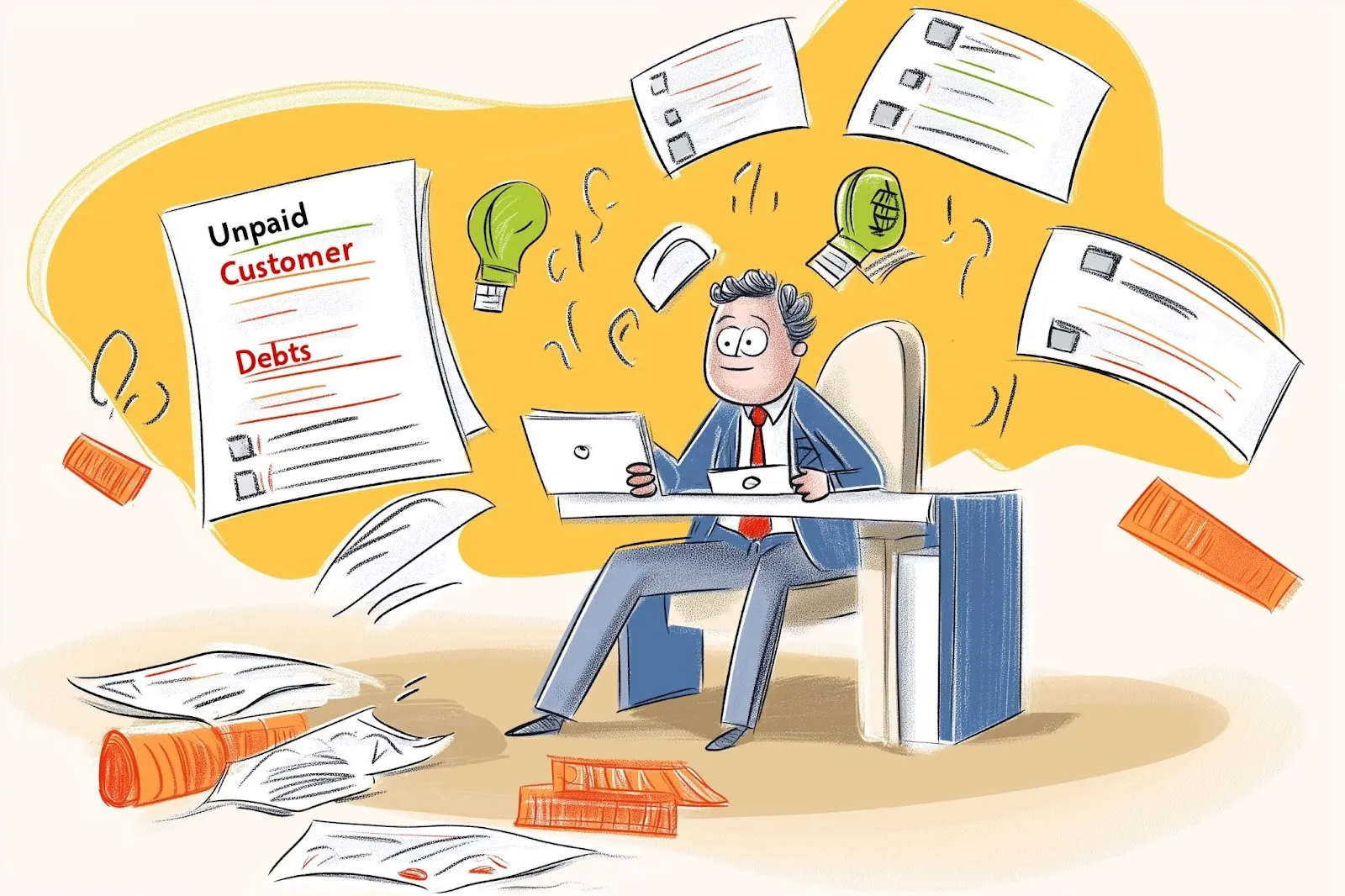 Man at desk with unpaid papers