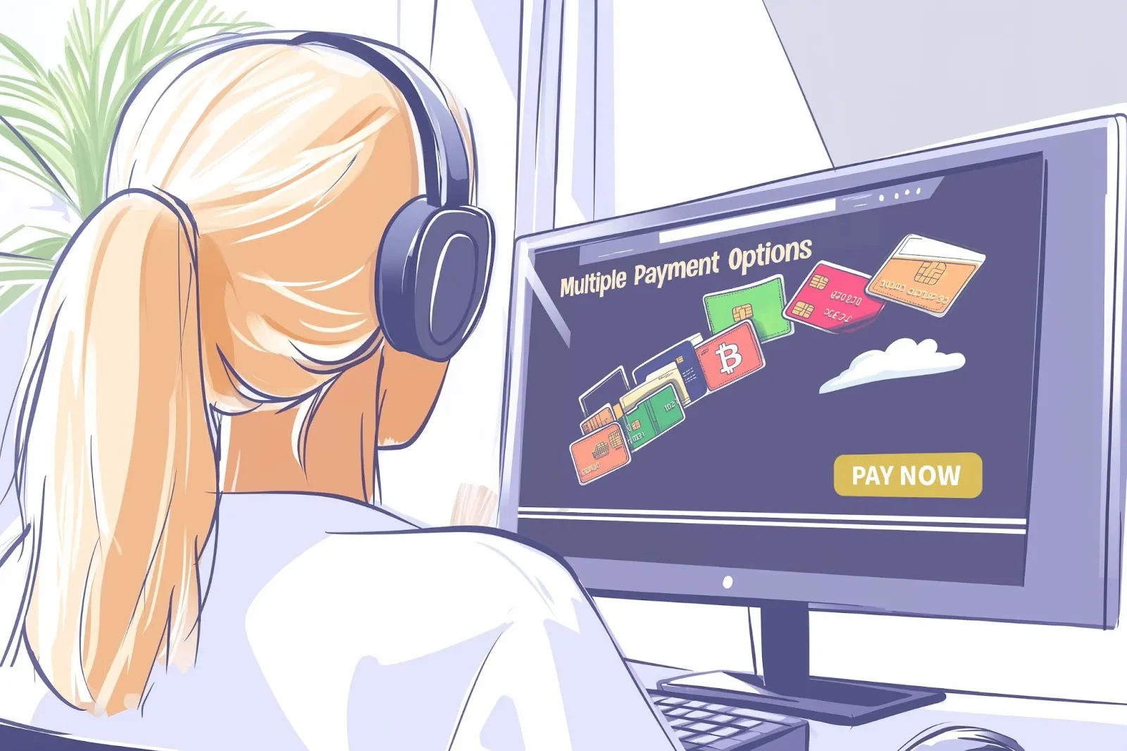 Girl at computer with headphones