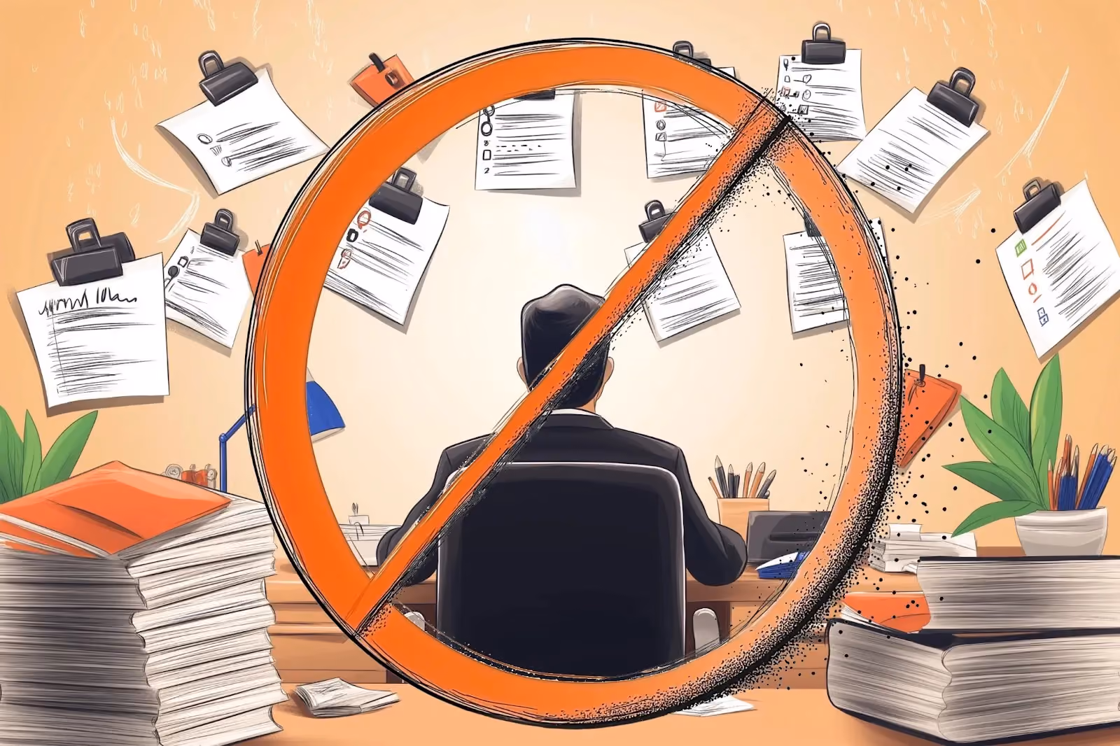 Person with paperwork, crossed out