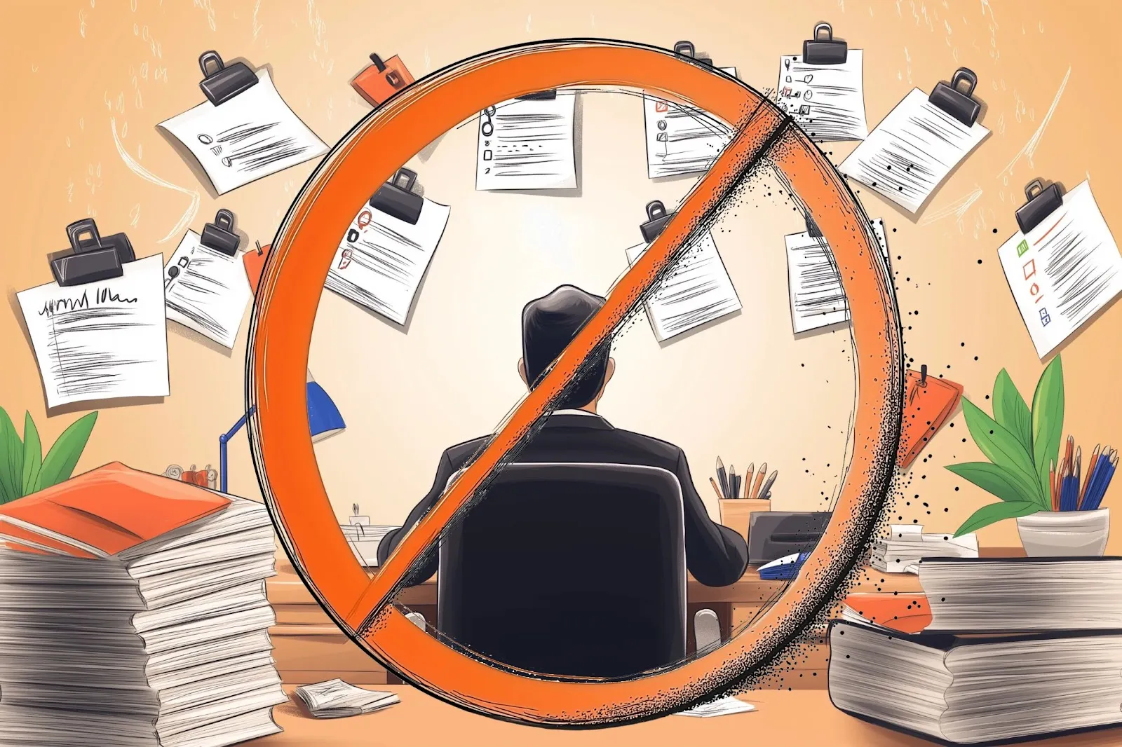 Person with paperwork, crossed out