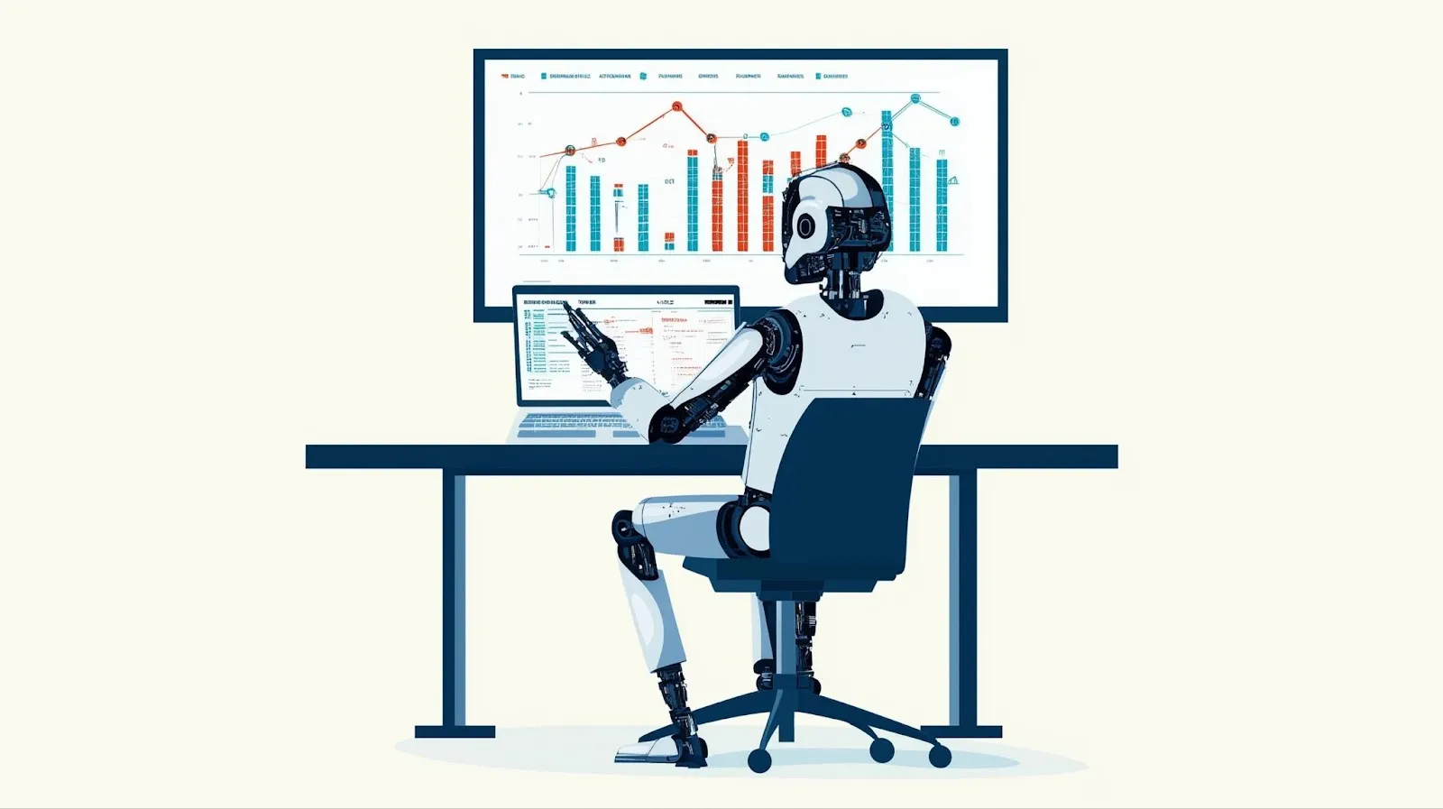 A robot at a computer