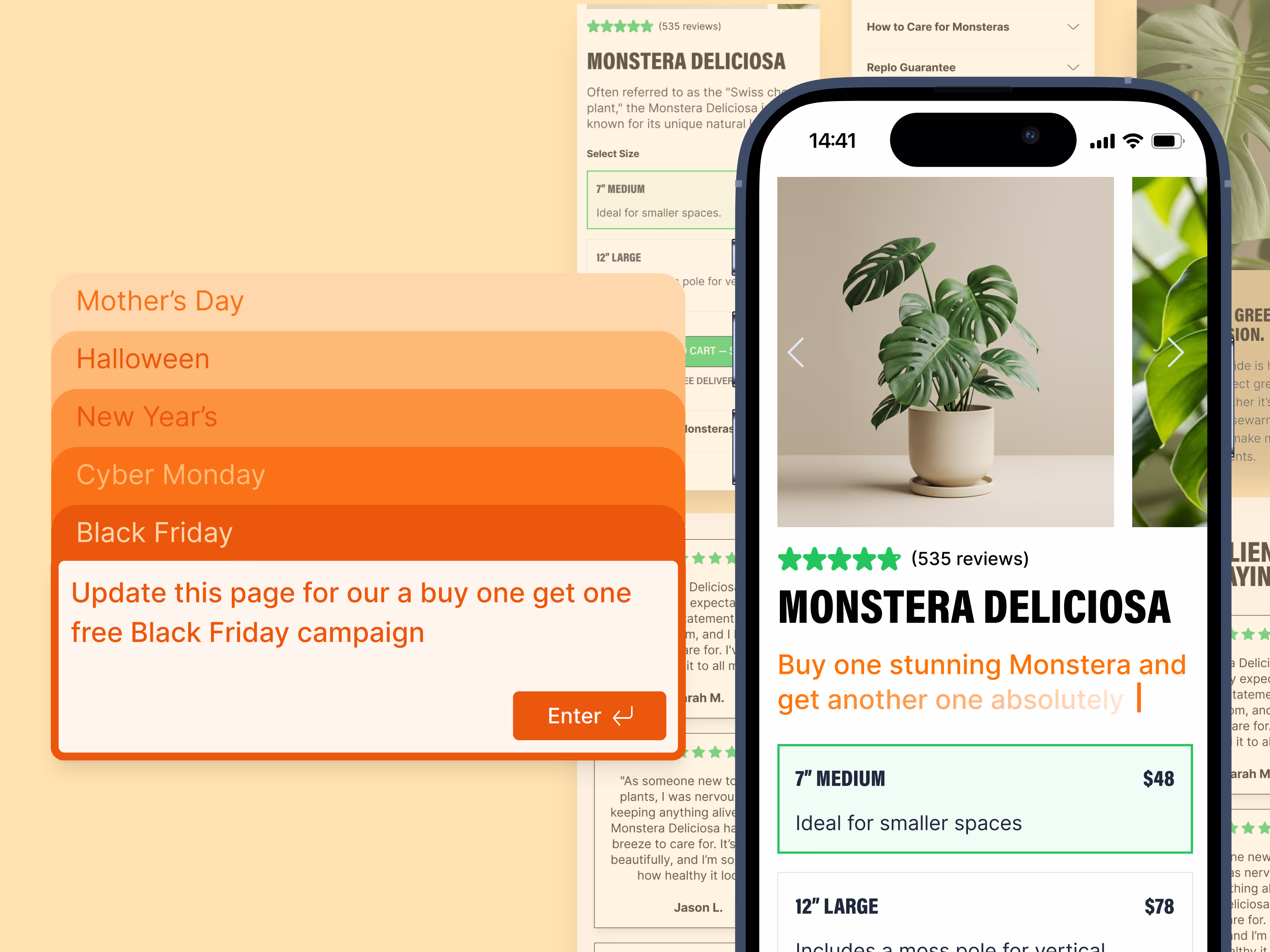 A Shopify landing page builder updating an ecommerce product page for a Black Friday "Buy One Get One Free" campaign.