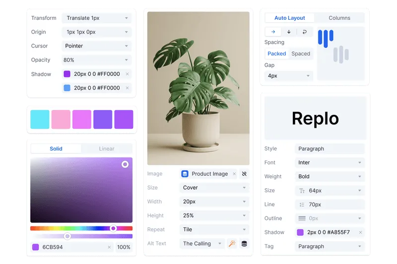 A Shopify landing page builder interface showing customization options for an ecommerce product page, including colors, fonts, and layout settings.
