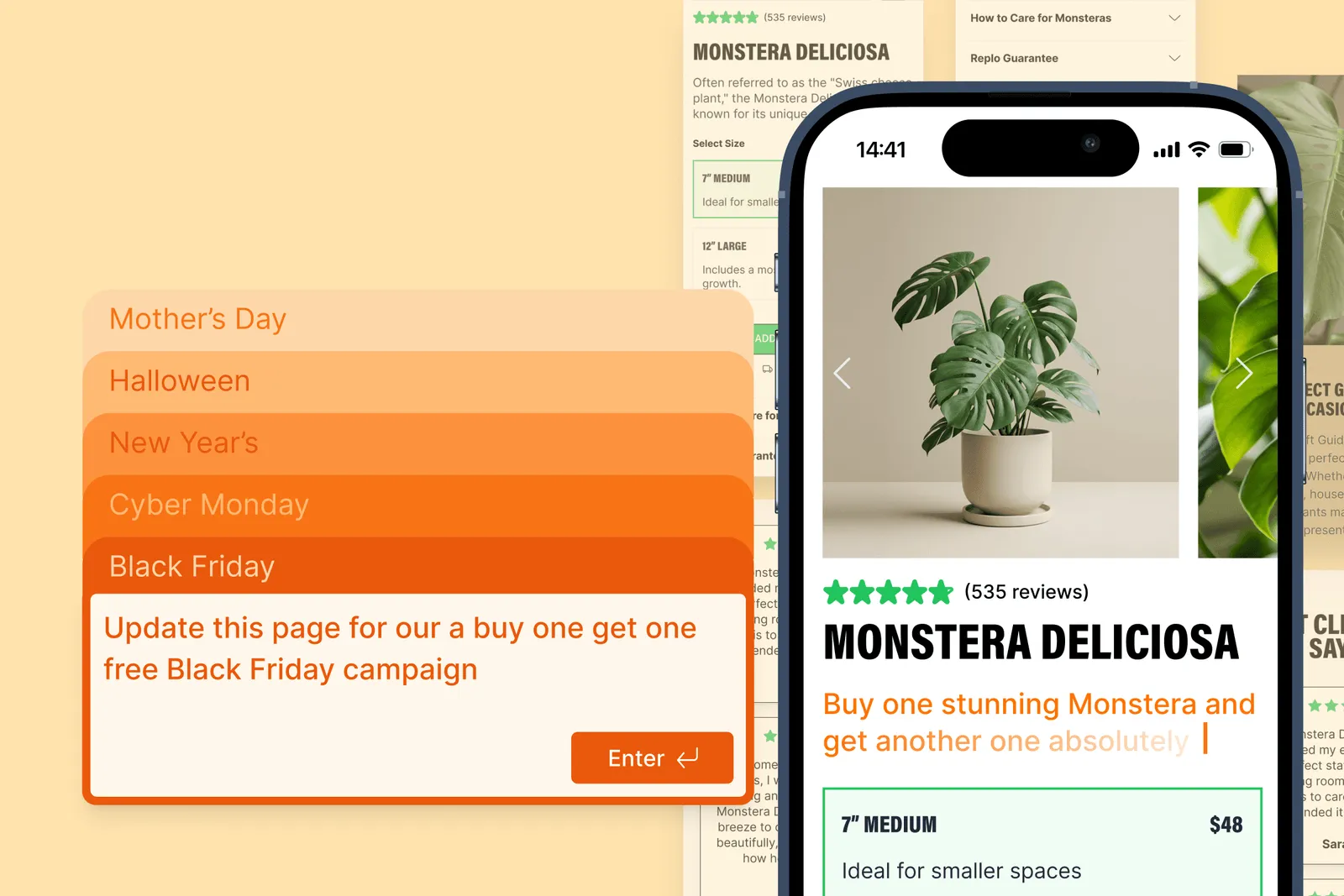 A Shopify landing page builder interface updating an ecommerce landing page for a Black Friday buy-one-get-one campaign.