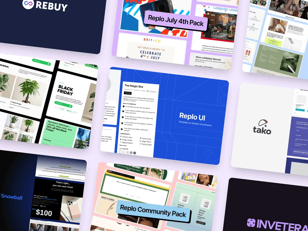 A collection of ecommerce landing pages and UI templates, featuring Replo UI, community packs, and seasonal campaign designs.
