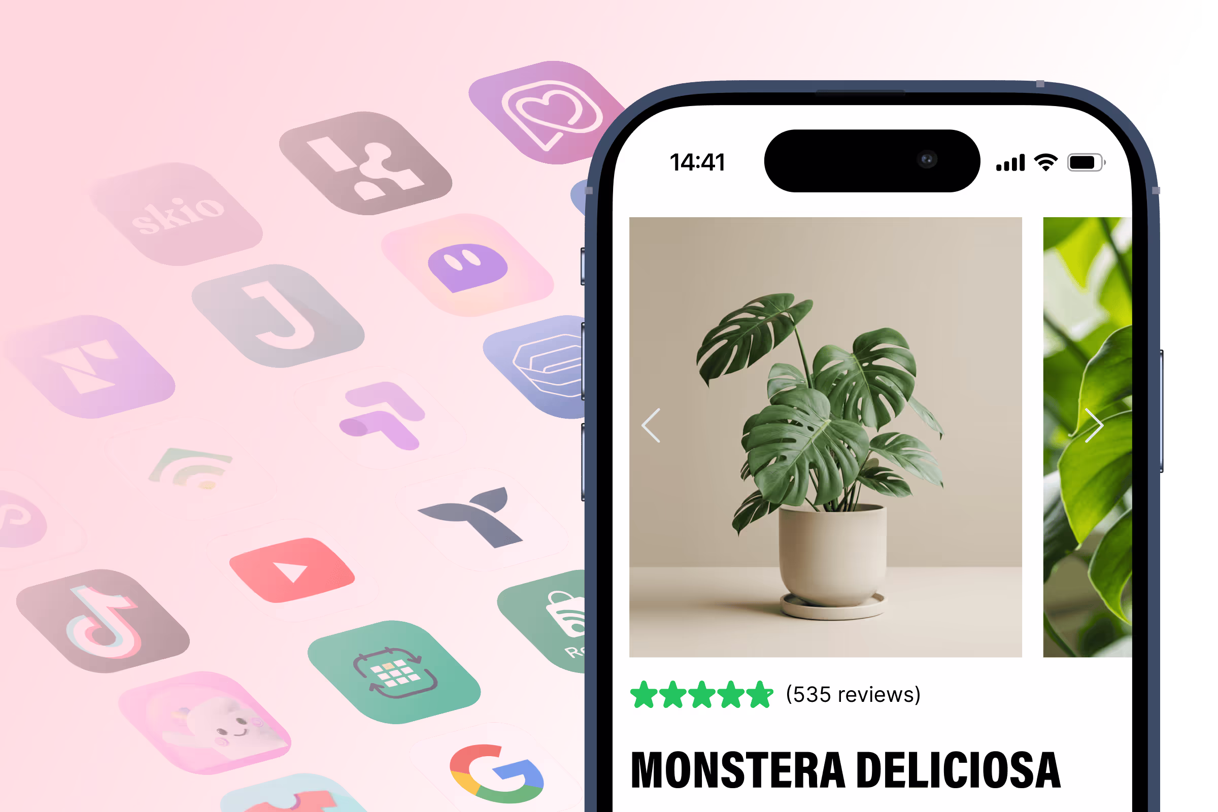A Shopify landing page builder displaying a mobile ecommerce product page alongside various app integrations for seamless online shopping.
