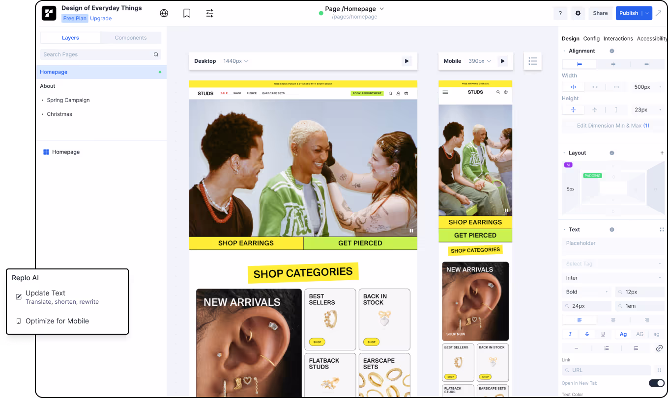 Shopify landing page builder previewing desktop and mobile versions, enhancing ecommerce layout, text, and mobile optimization with Replo AI.