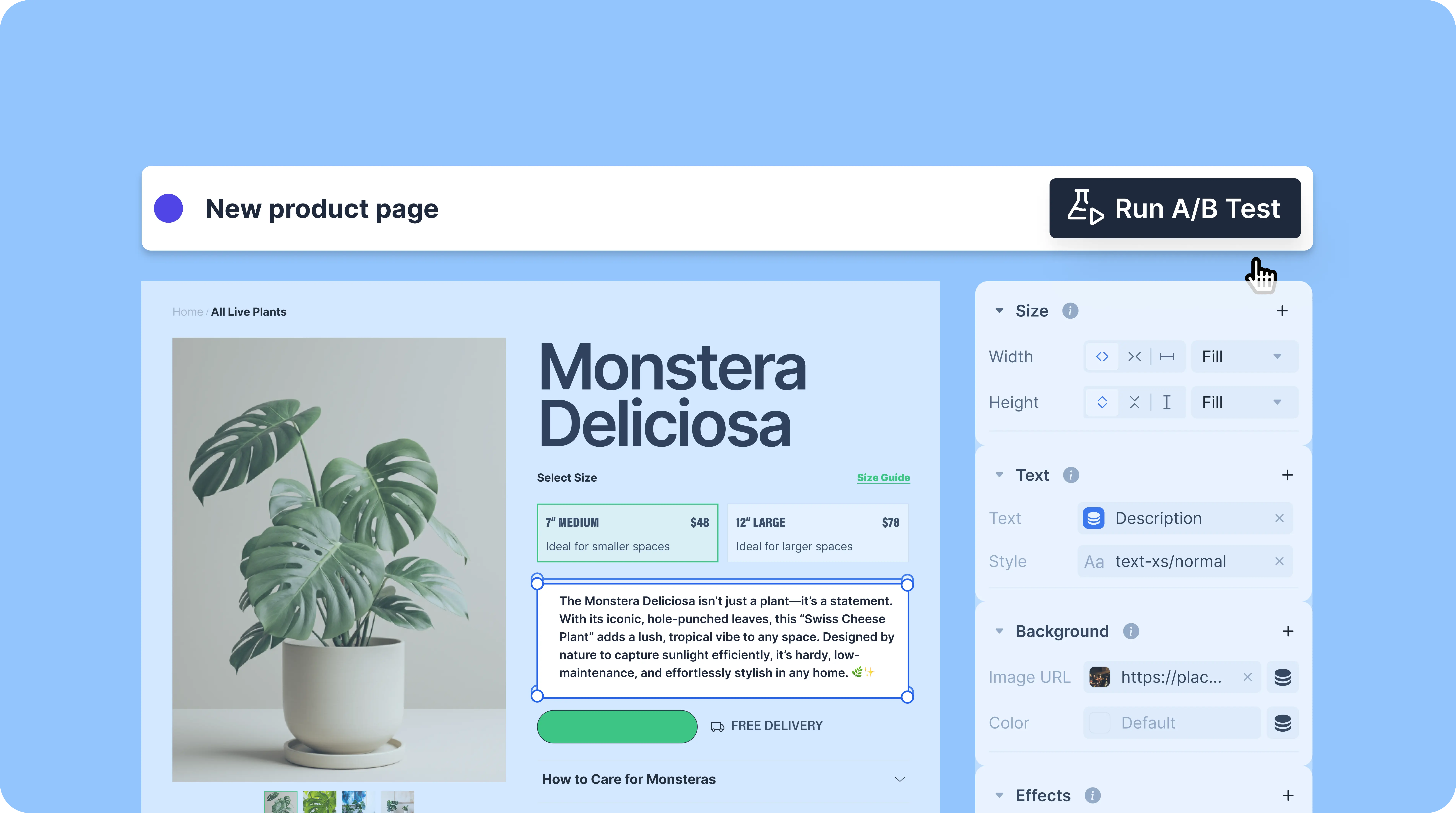 A Shopify landing page builder interface displaying an editable product page with customization options and an A/B testing feature for ecommerce optimization.




