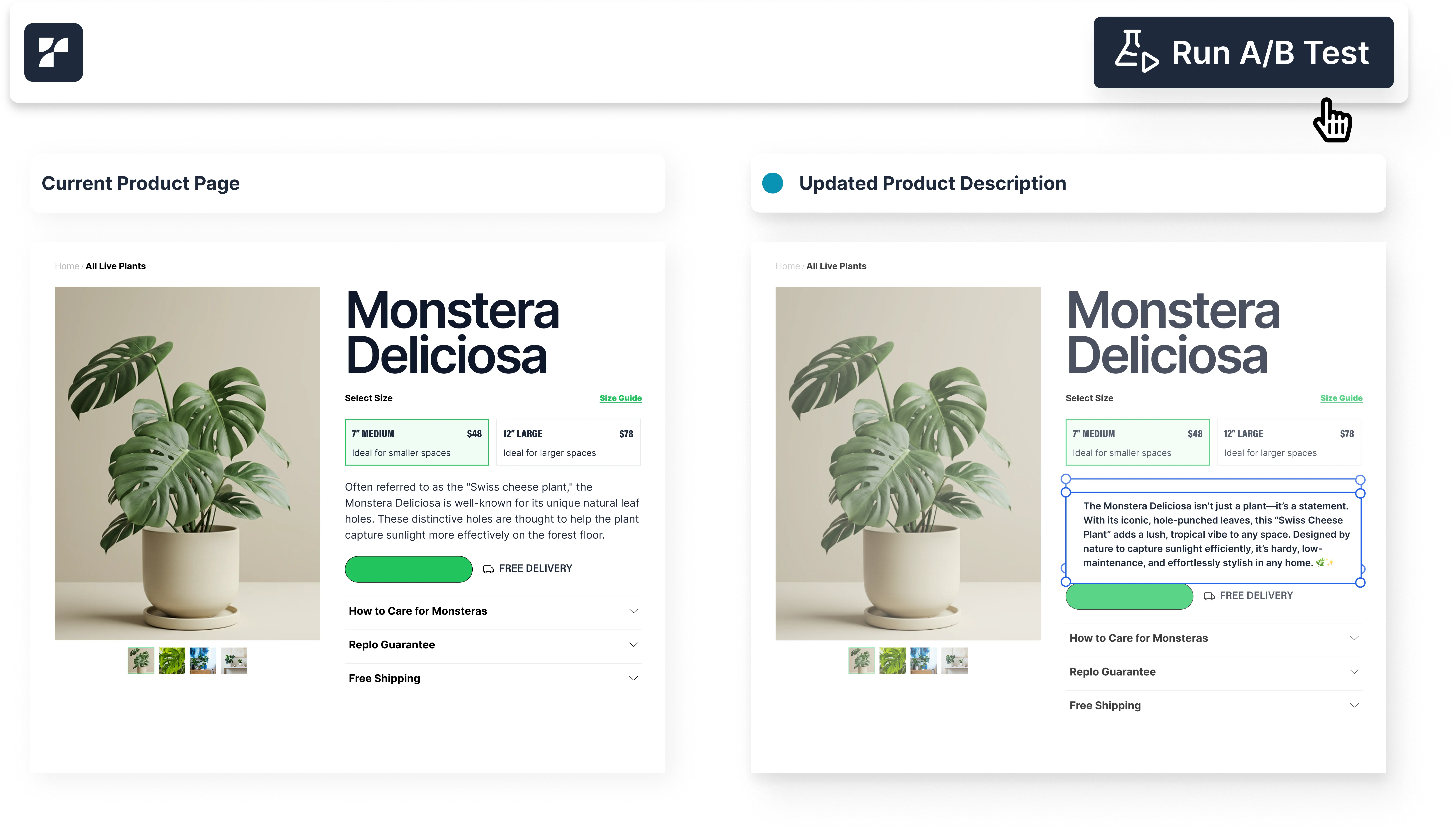 A Shopify landing page builder running an A/B test to compare a current product page with an updated description for optimization.




