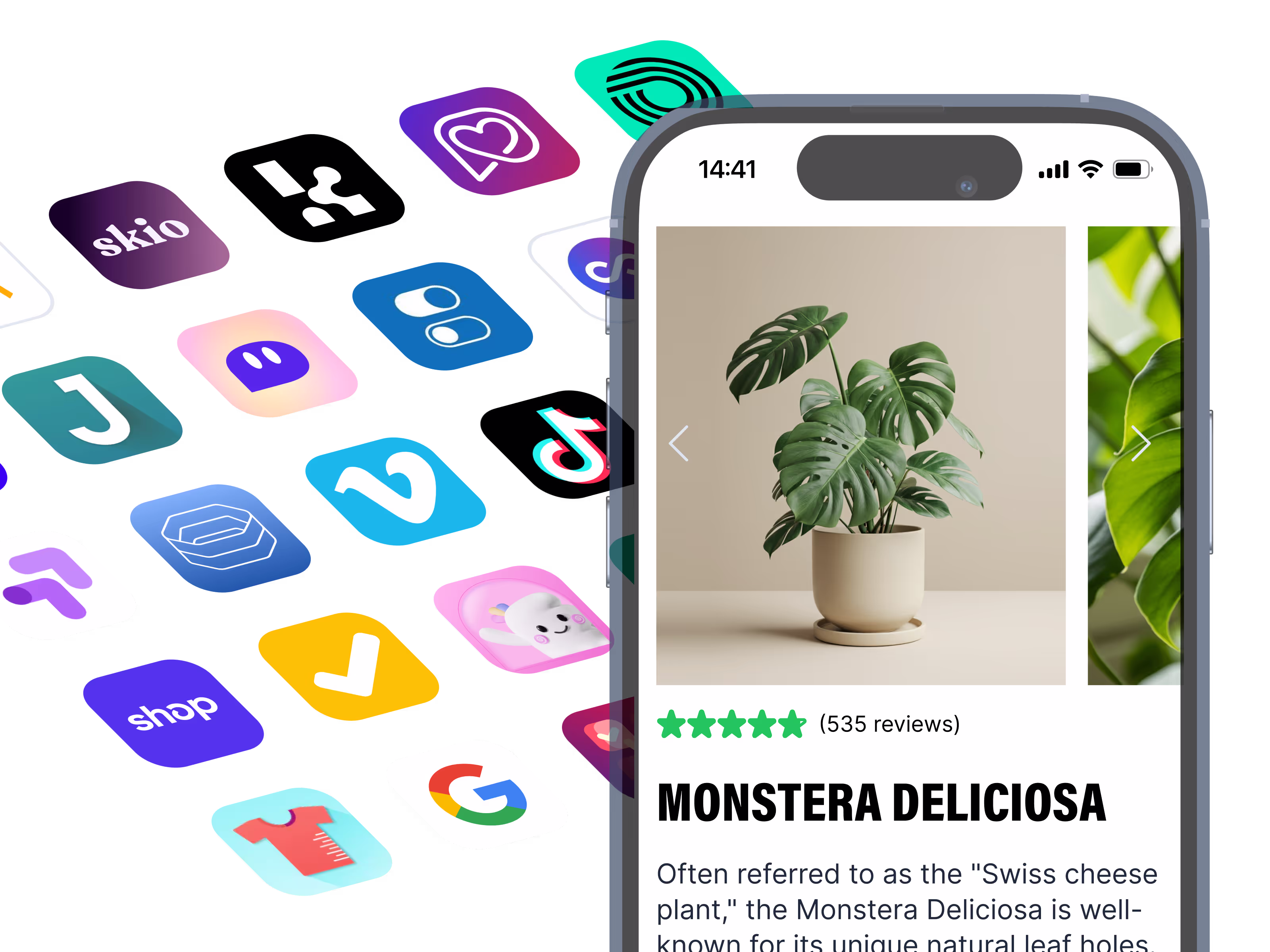 A Shopify landing page builder showcases a mobile-optimized ecommerce product page alongside various app icons for integrations.
