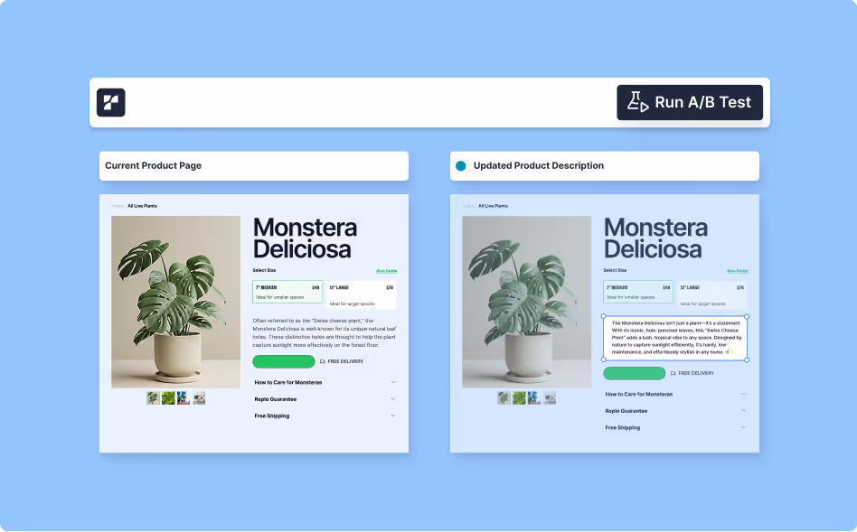 A Shopify landing page builder conducting an A/B test on an ecommerce product page to compare design and description variations.




