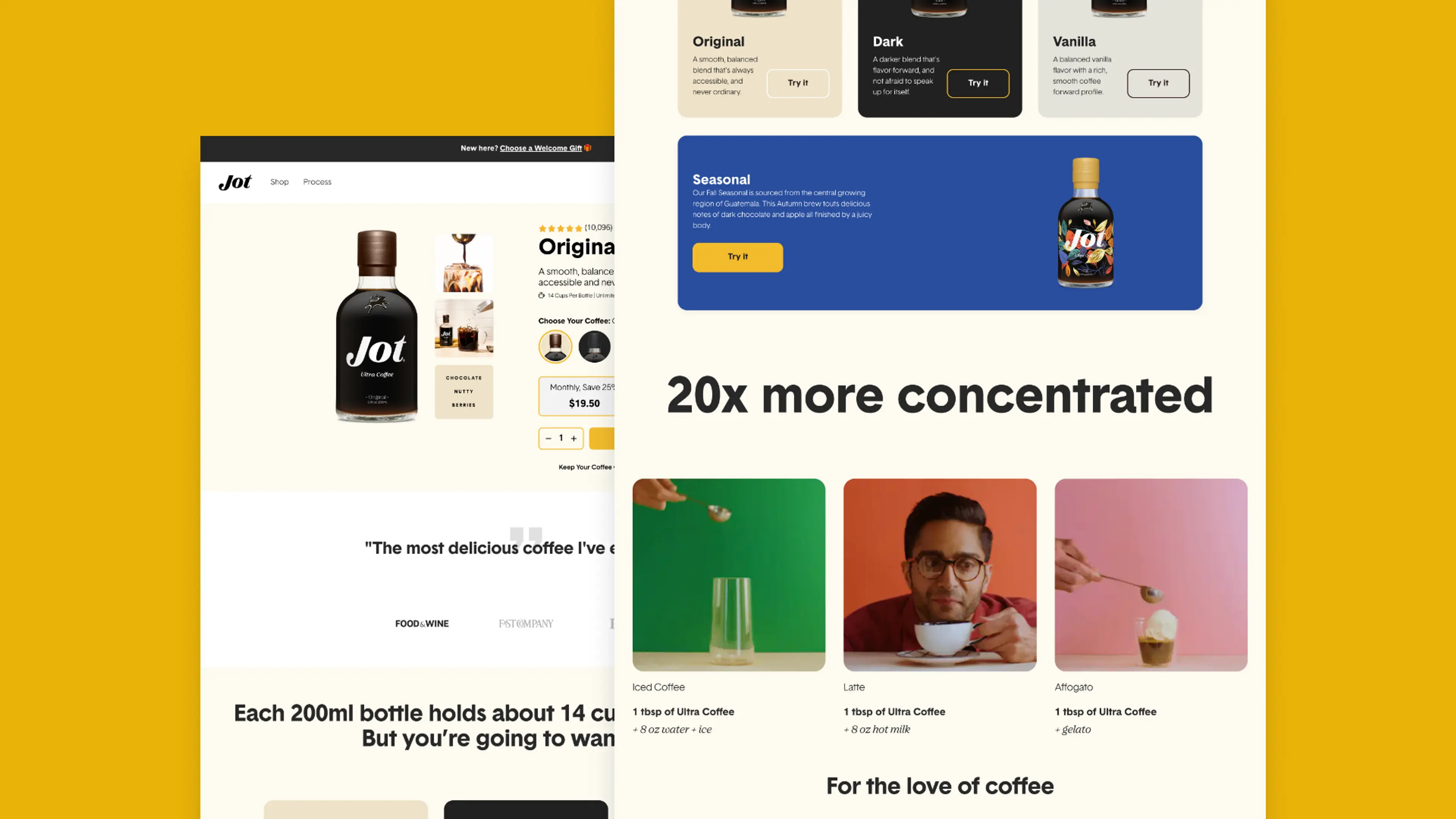 A coffee brand website showcasing concentrated coffee products, flavors, and preparation methods.