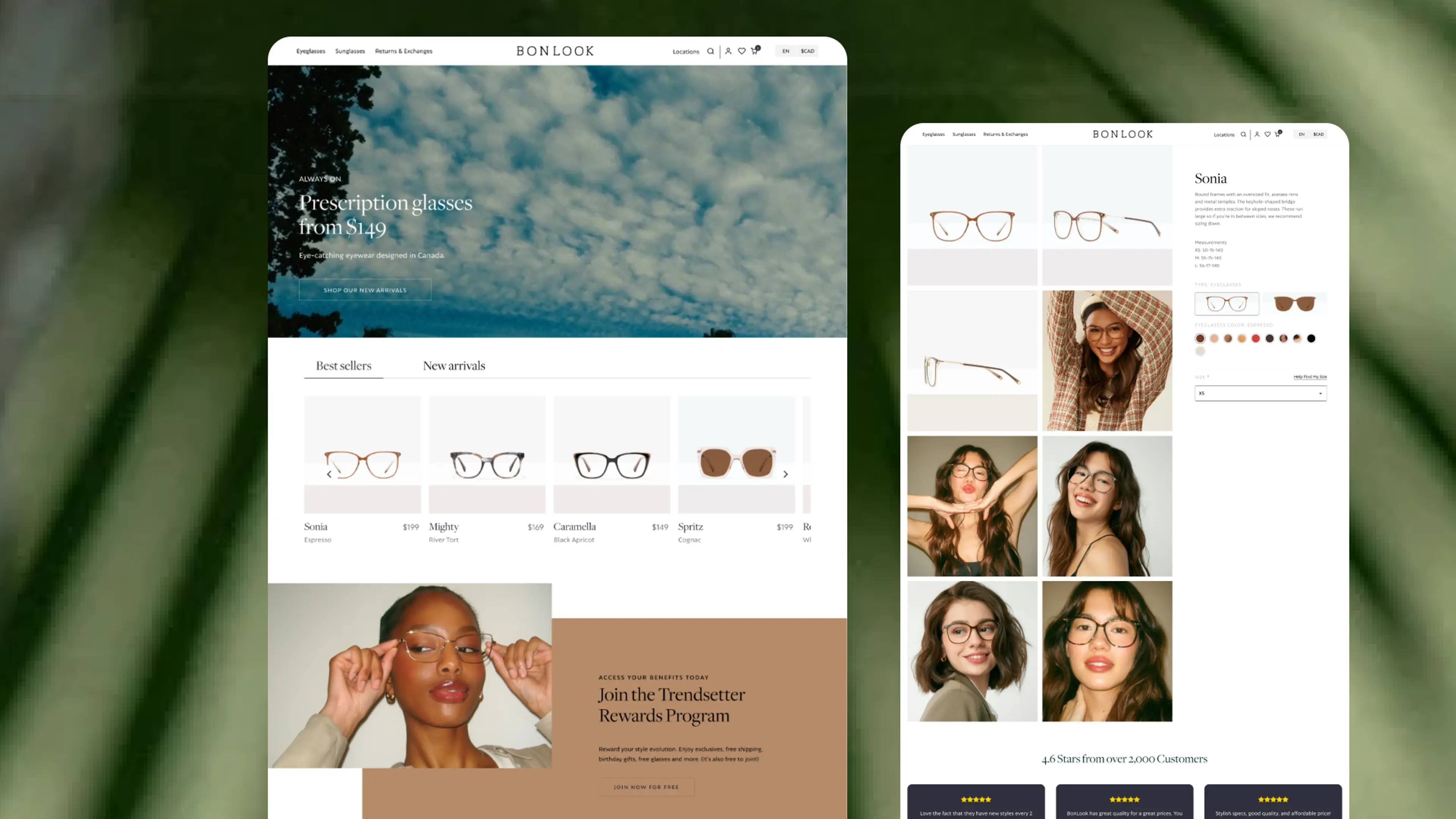 A responsive eyewear website showcasing prescription glasses, product details, and customer images.