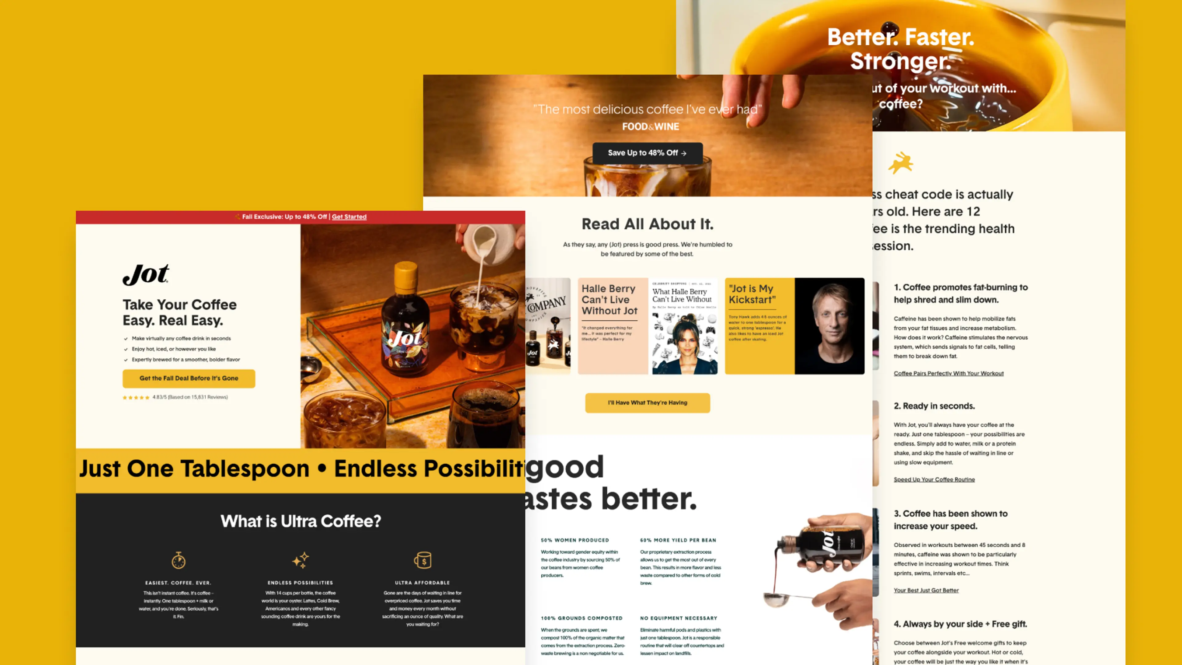 A collection of Jot coffee website pages showcasing product benefits, customer reviews, and promotions.