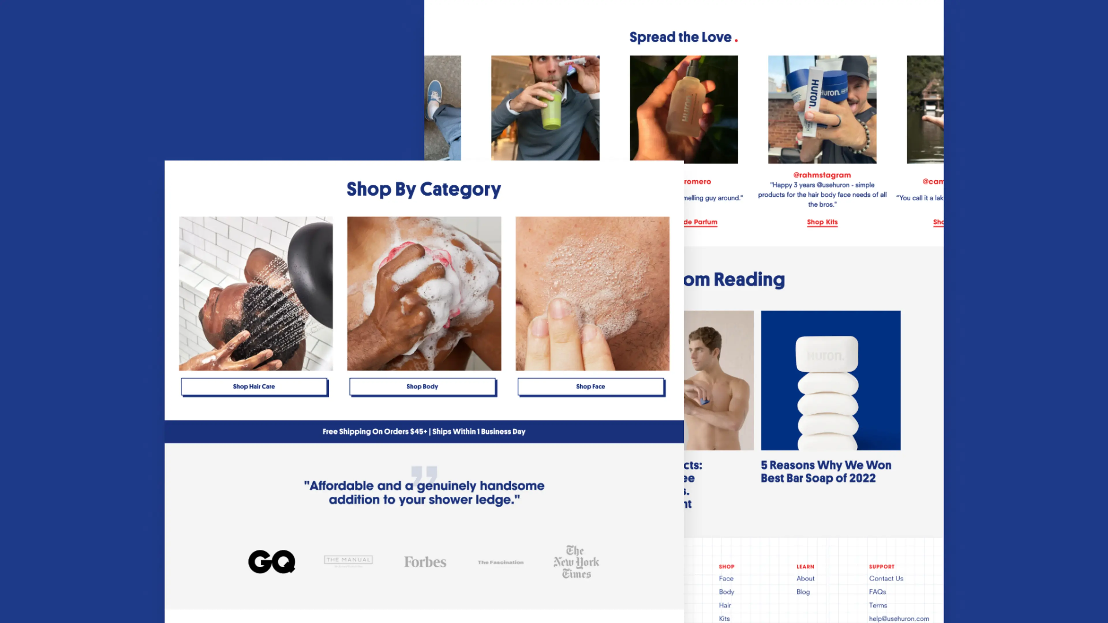 A men's grooming website showcasing product categories, customer reviews, and editorial features.