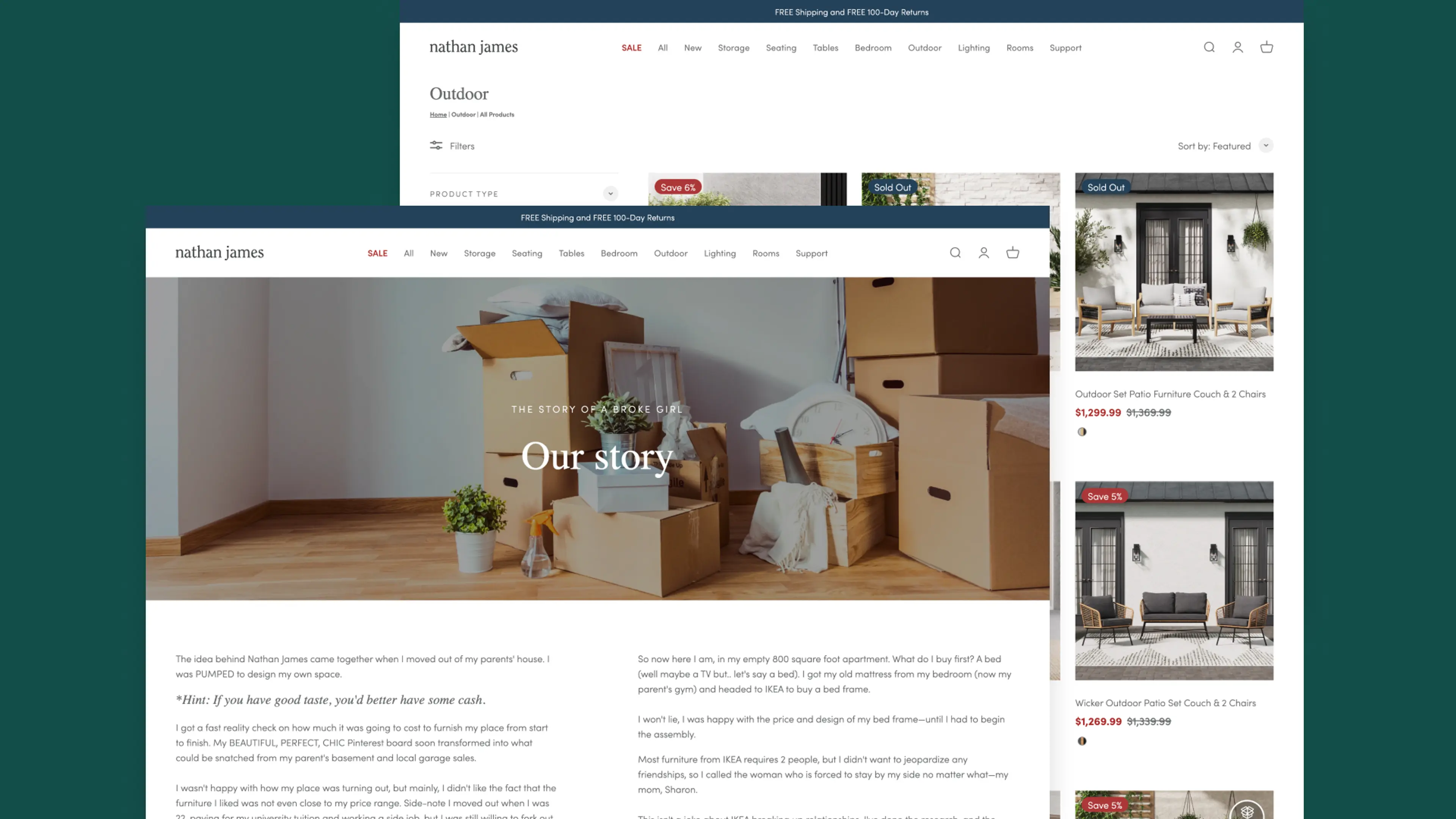 A furniture brand's website featuring its origin story with moving boxes and an outdoor furniture catalog.