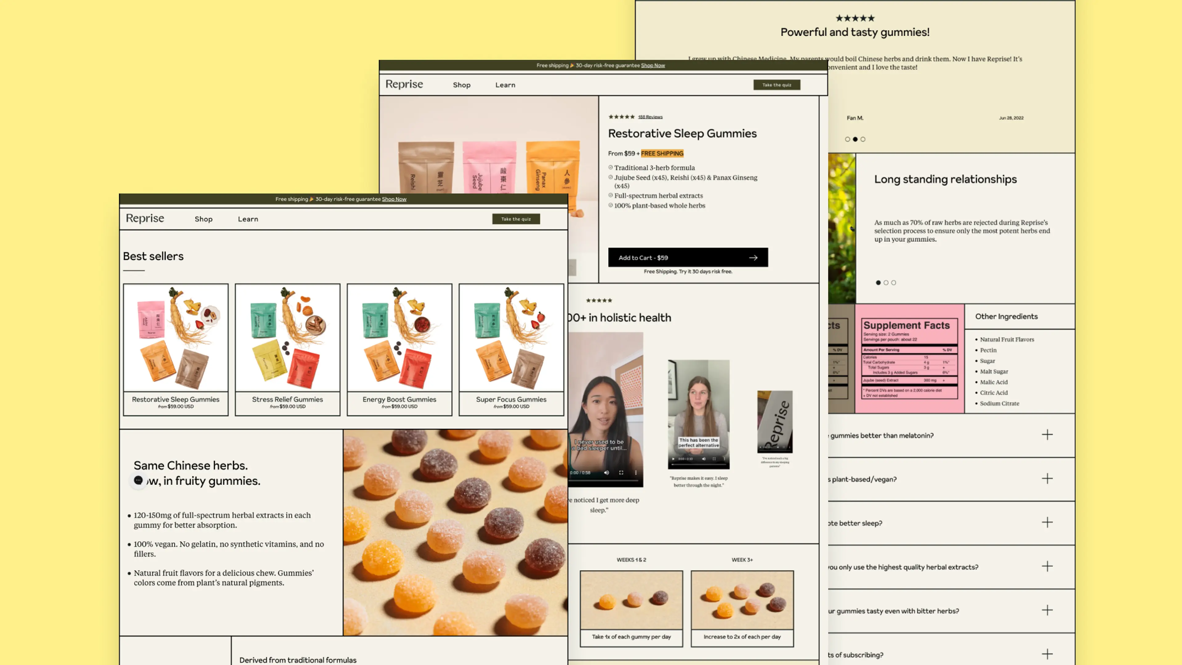 A wellness website showcasing herbal gummies, product details, customer reviews, and supplement facts.