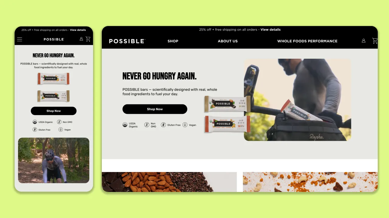 A Possible snack bar is placed in a cyclist’s bag, promoting whole-food ingredients and energy.