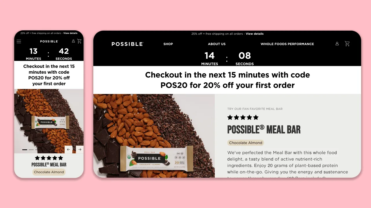 A promotional website banner for Possible Meal Bar features a countdown timer and a 20% discount offer, showcasing a chocolate almond bar on a background of almonds and chocolate.