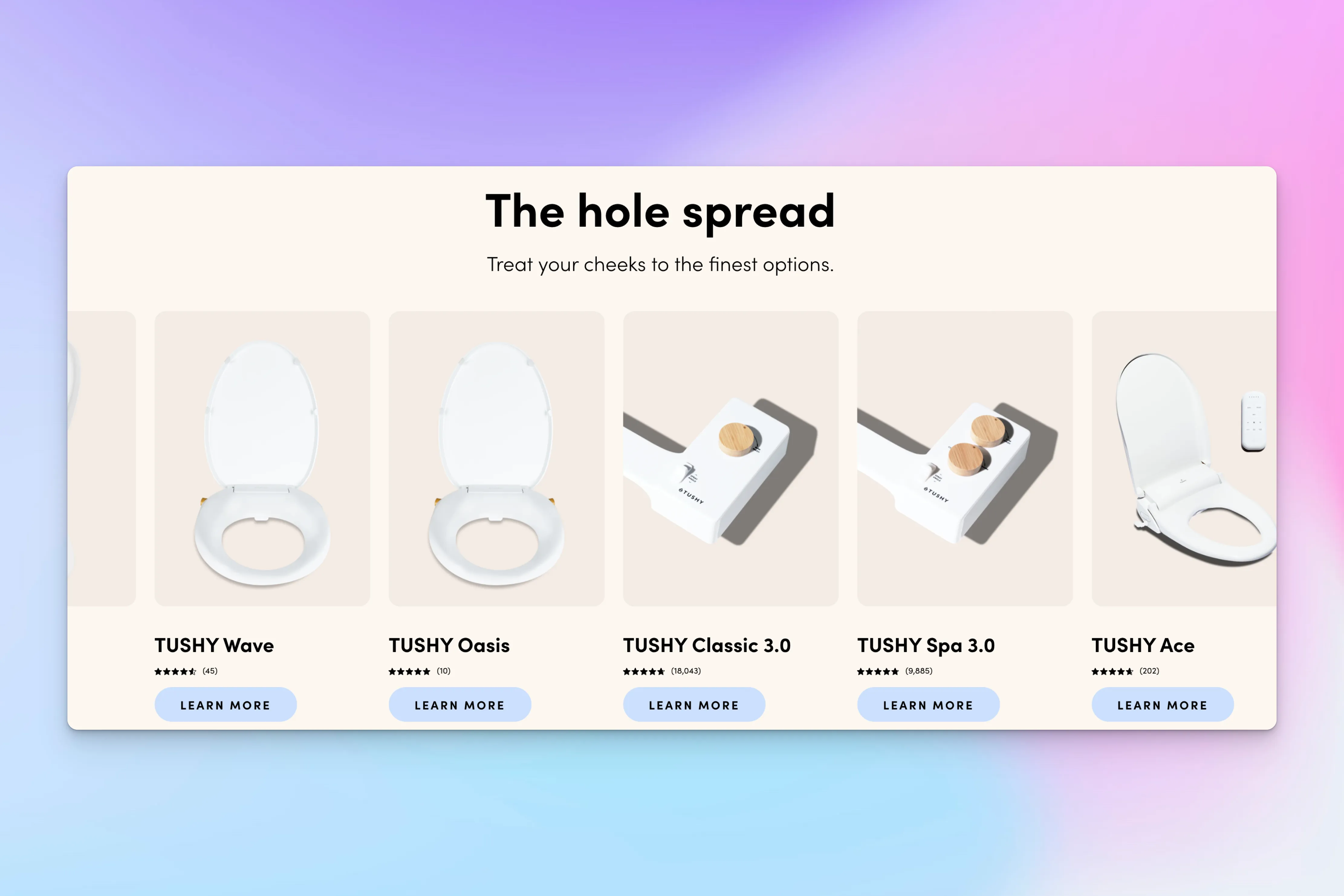 A selection of TUSHY bidets, including Oasis, Classic 3.0, Spa 3.0, and Ace, displayed in a row.