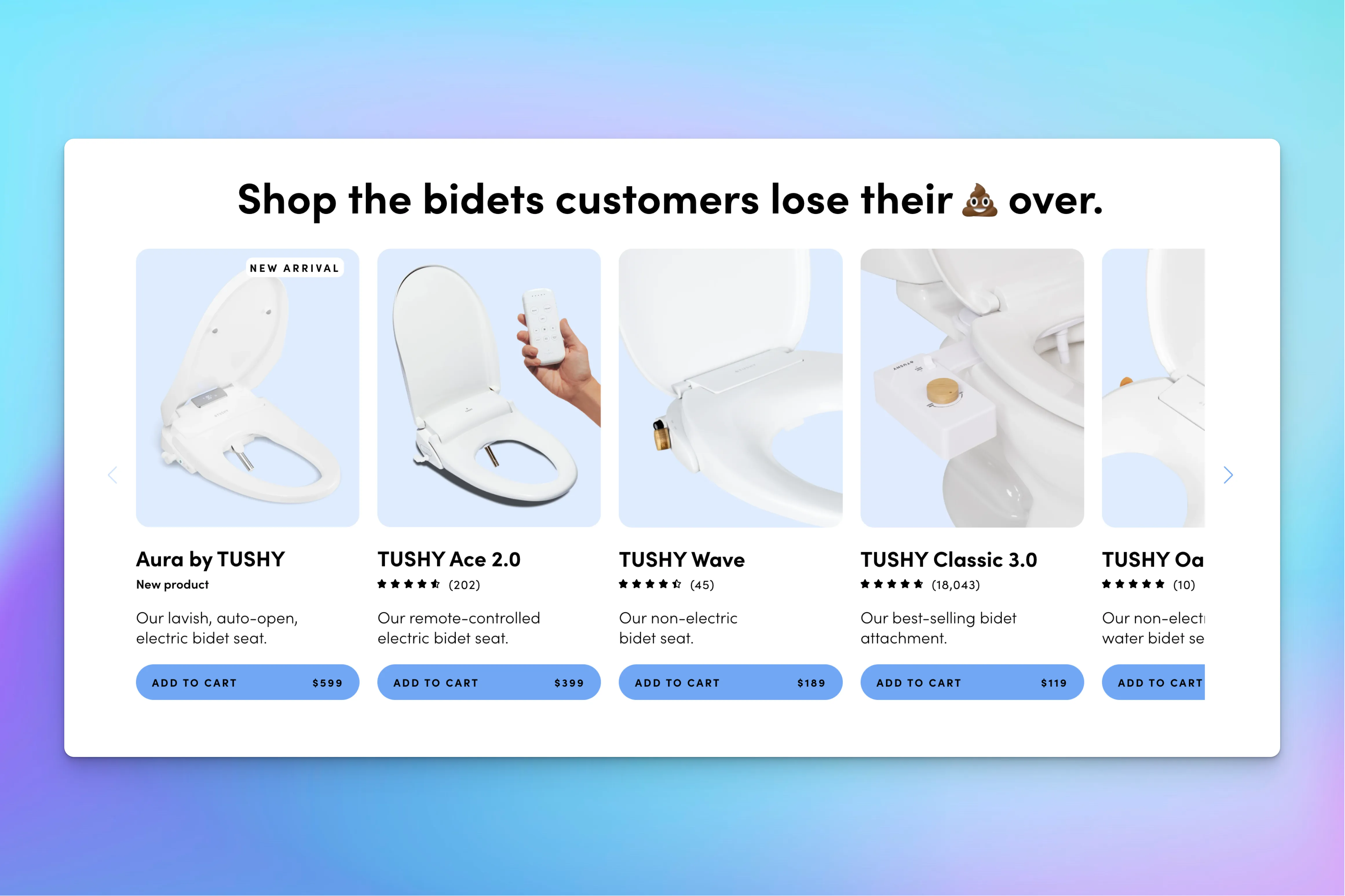 A product listing displays various TUSHY bidet models, including electric, remote-controlled, and manual options. A humorous headline emphasizes customer enthusiasm.