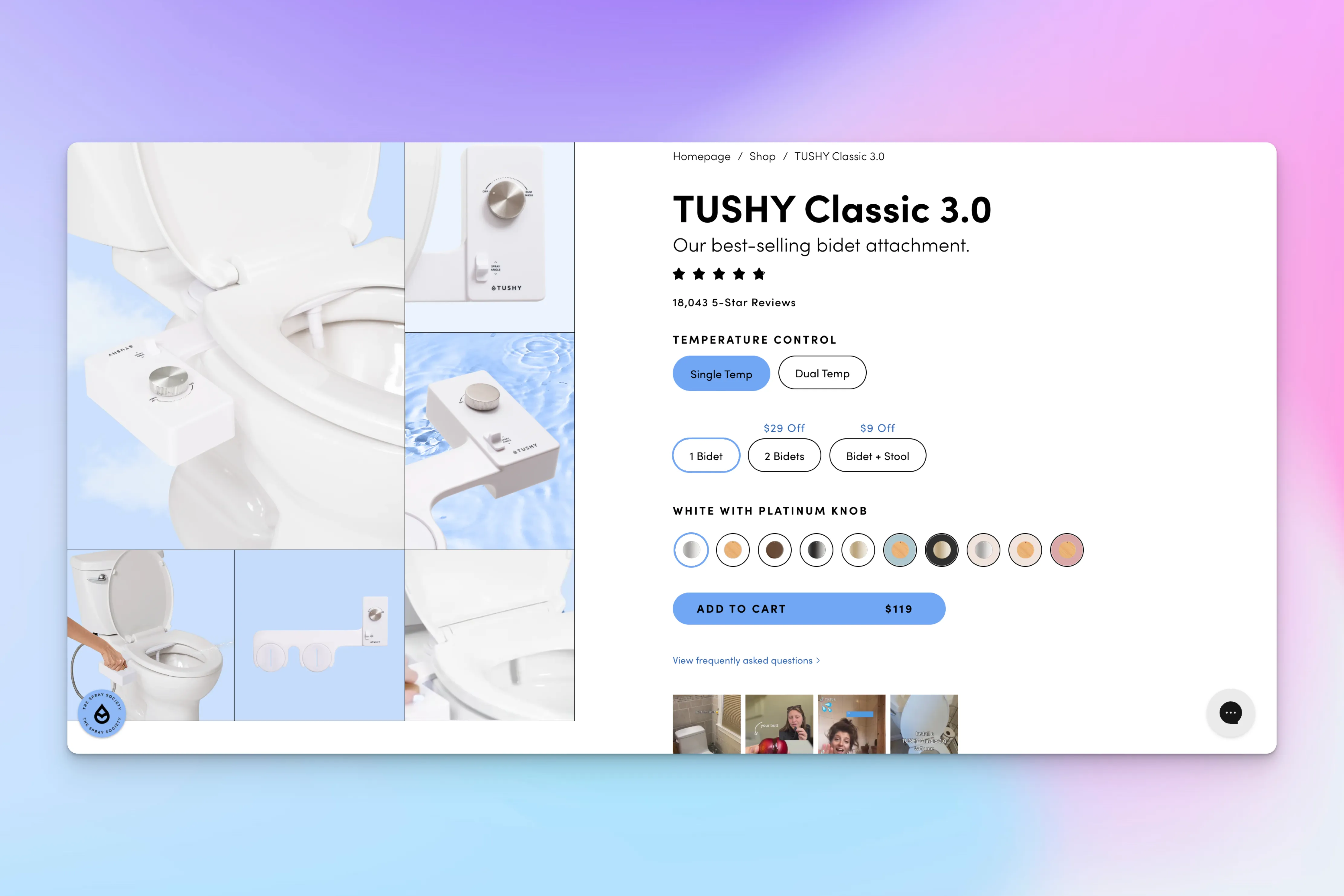 The TUSHY Classic 3.0 bidet attachment is displayed in multiple angles, highlighting its white design, metal control knob, and installation on a toilet seat.