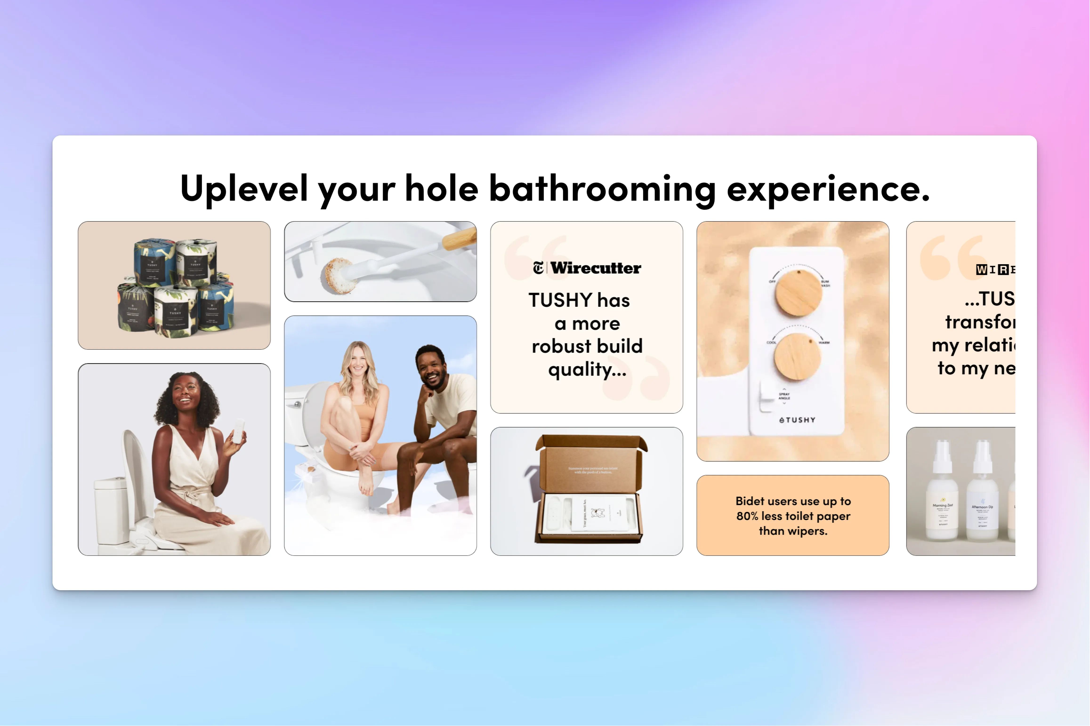 A collage of images showcasing TUSHY bidet products, toilet paper, a cleaning brush, and testimonials.