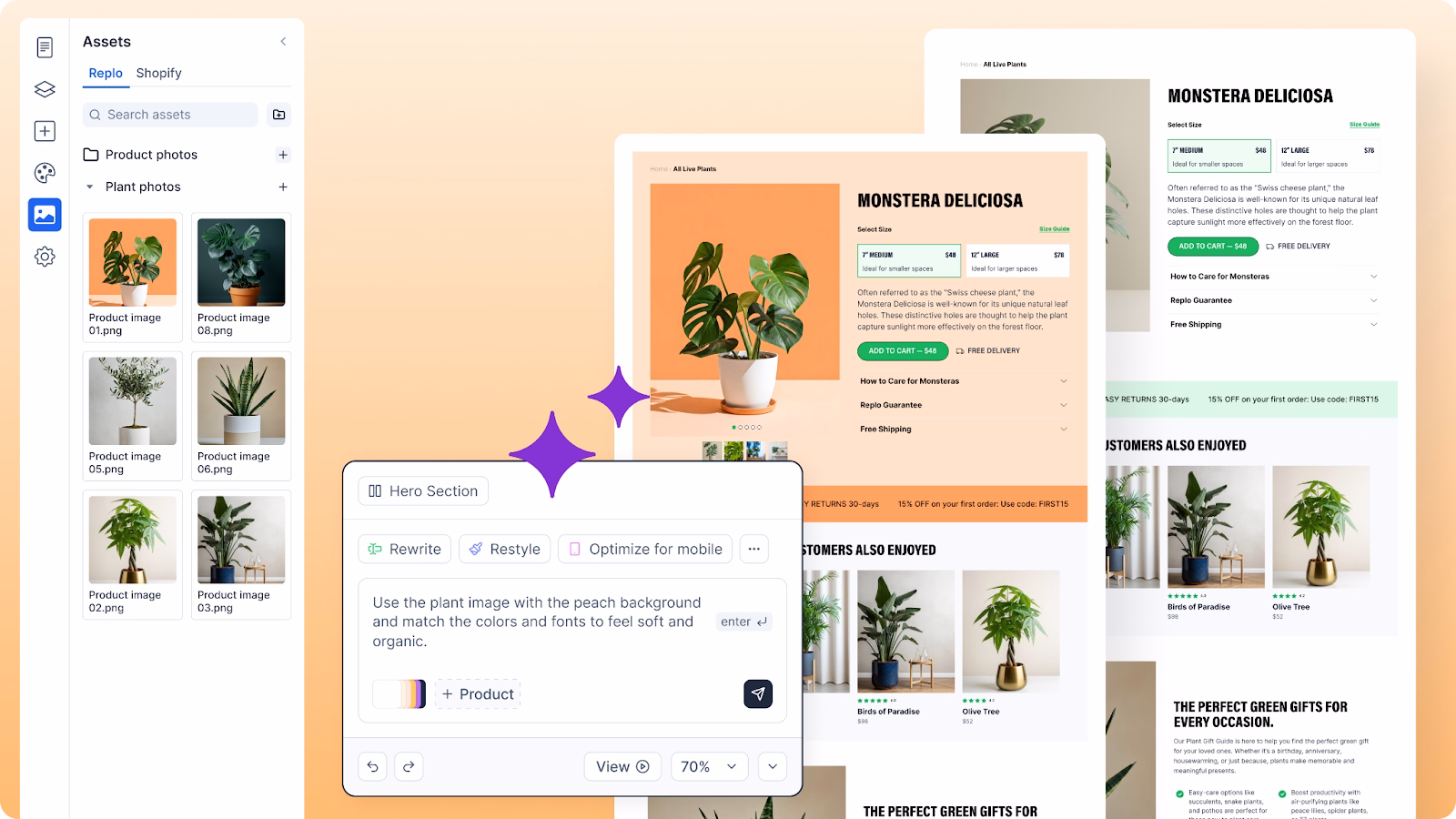 A Shopify landing page builder shows plant product photos, a mobile product page preview, and ecommerce landing page editing tools.