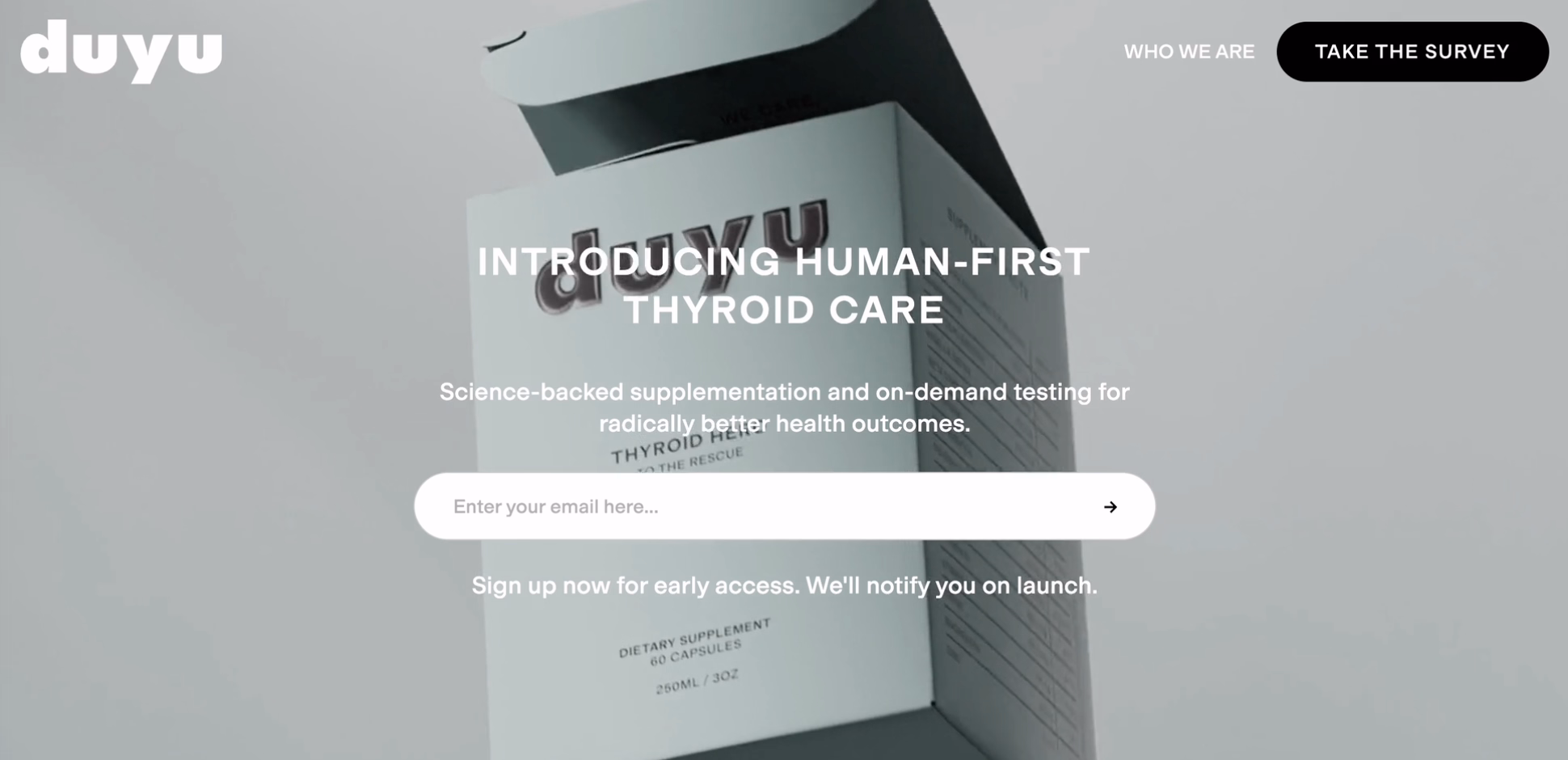A Shopify landing page builder preview for thyroid supplements with early access email signup form and survey CTA.
