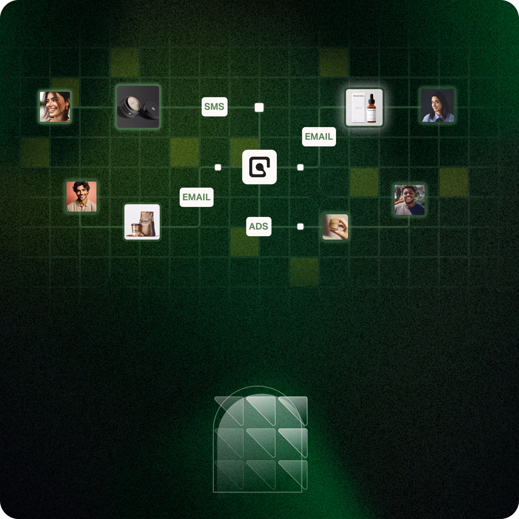 A central ecommerce marketing platform icon connects to various elements like email, SMS, and ads, linking to customer profiles and product images. The dark green background has a digital grid pattern, emphasizing a data-driven approach to ecommerce brand communication.