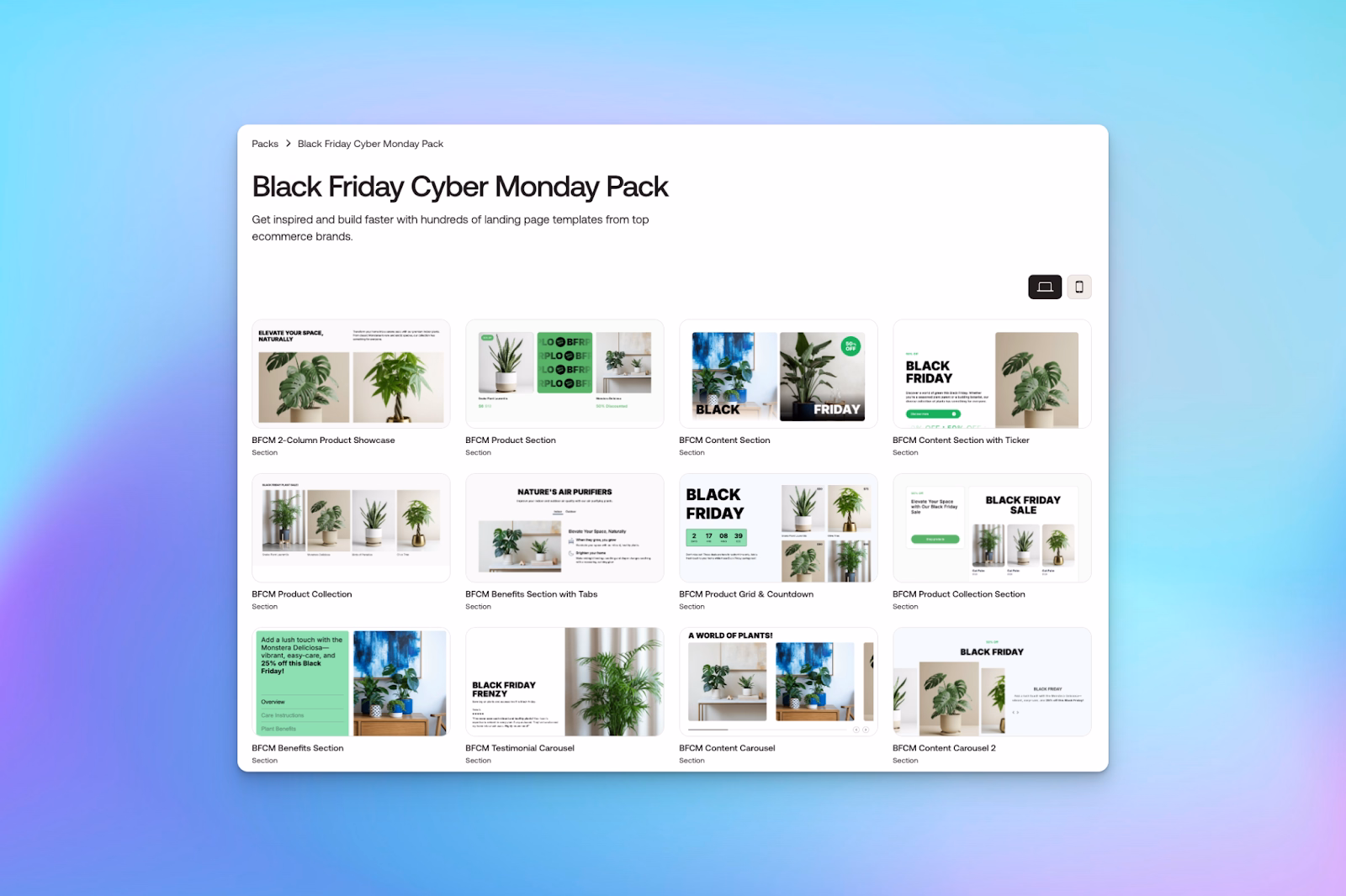 A Shopify landing page builder offers a Black Friday Cyber Monday pack with ecommerce landing page templates and product sections.
